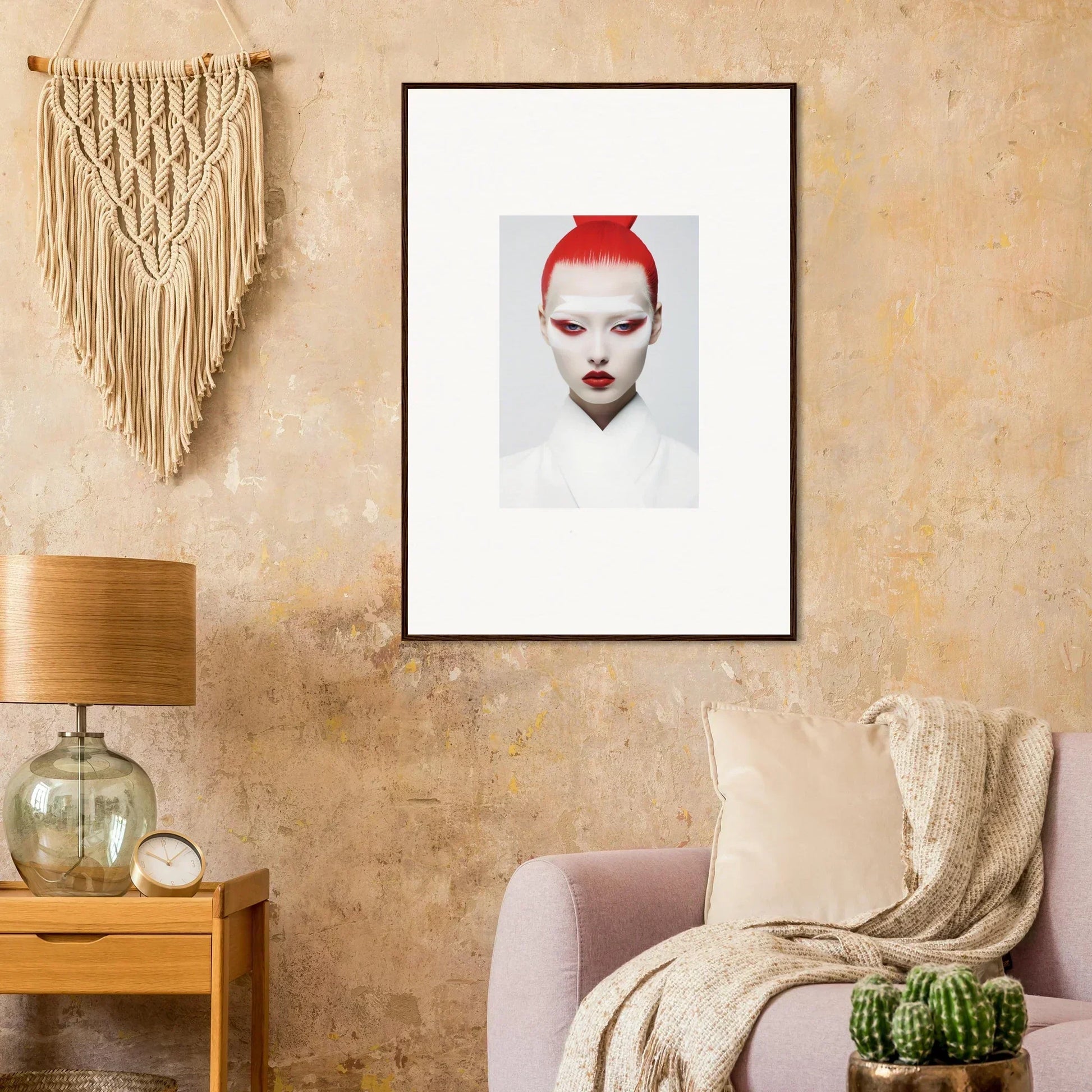 Framed wall art of a striking face with vibrant red hair for unique room decor