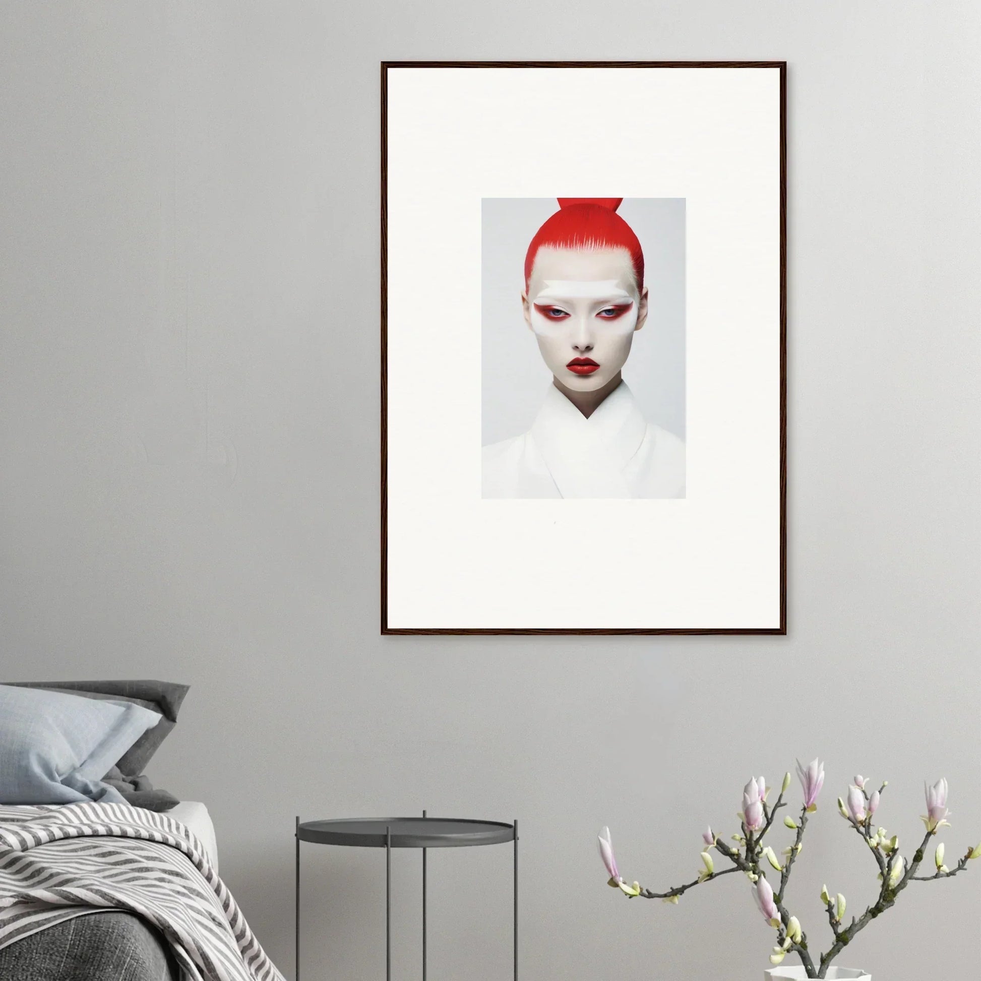 Framed wall art featuring a person with bright red hair and white makeup for unique room decor