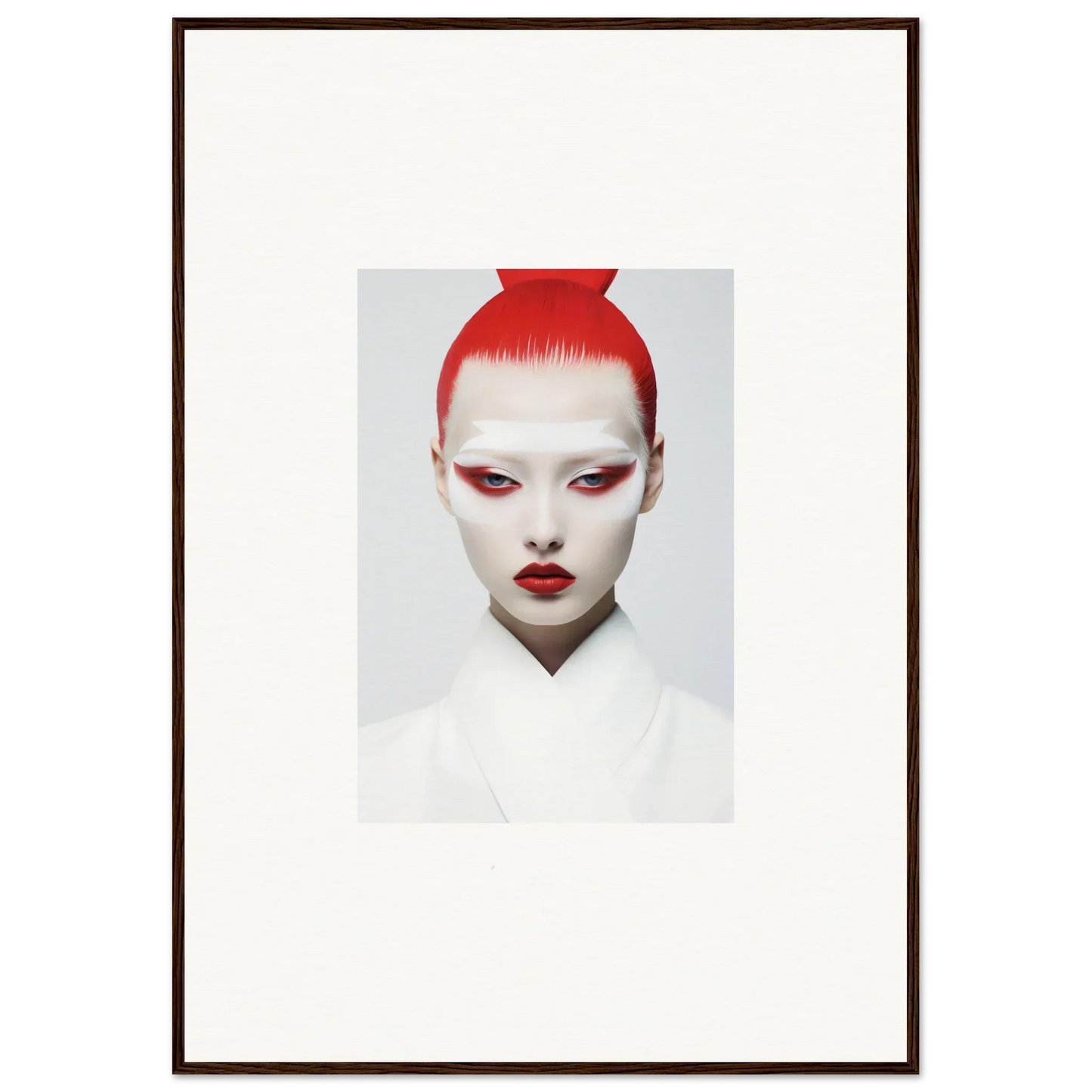 Portrait of a person with red hair and bold makeup, ideal for framed wall art