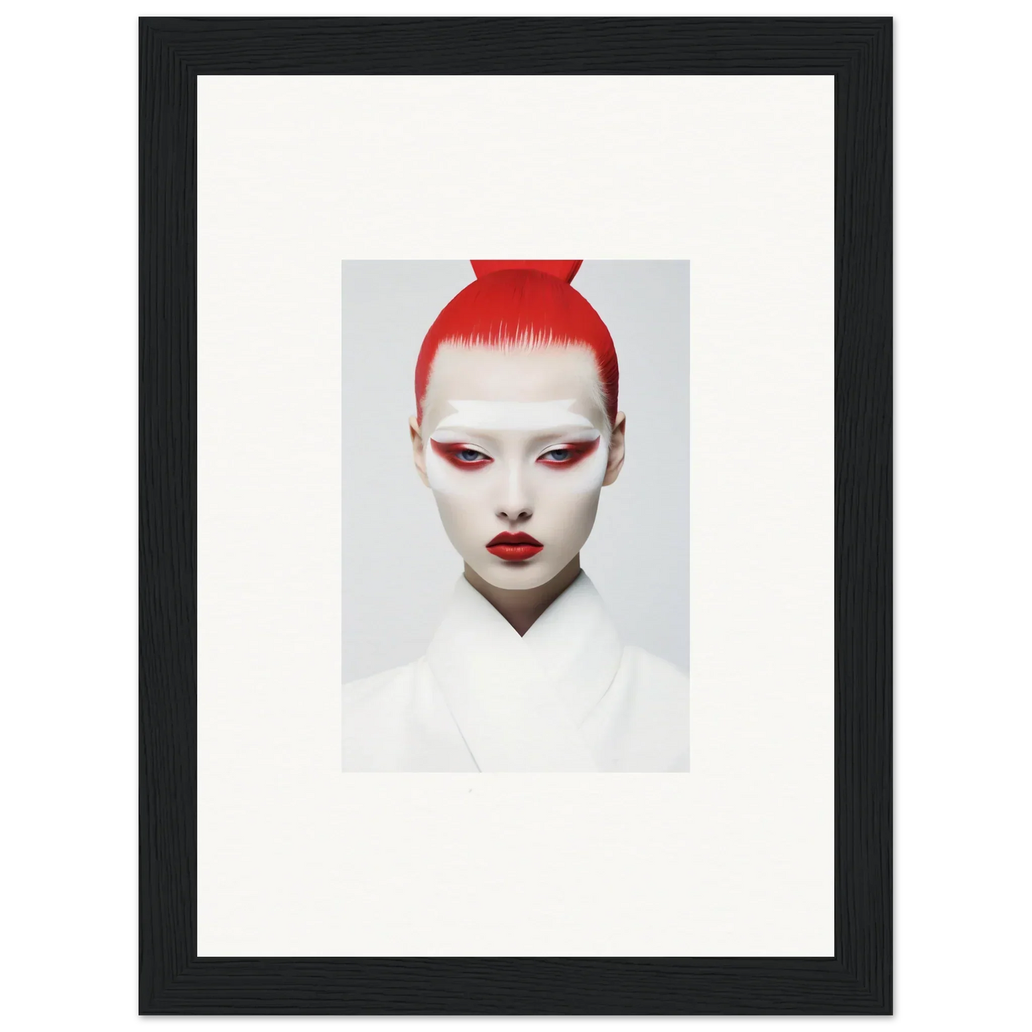 Striking red-haired person with white makeup in framed wall art for unique room decor