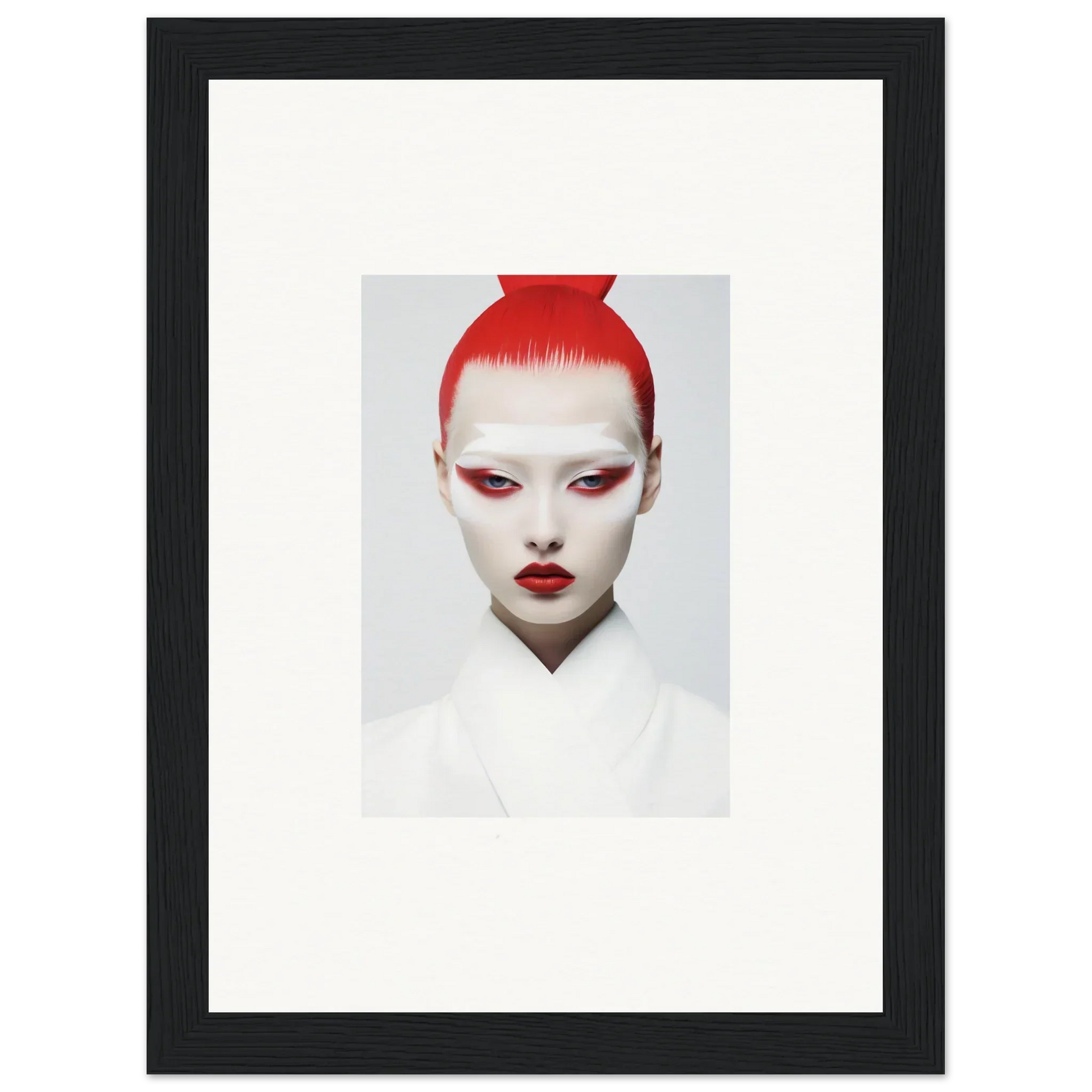 Striking red-haired person with white makeup in framed wall art for unique room decor