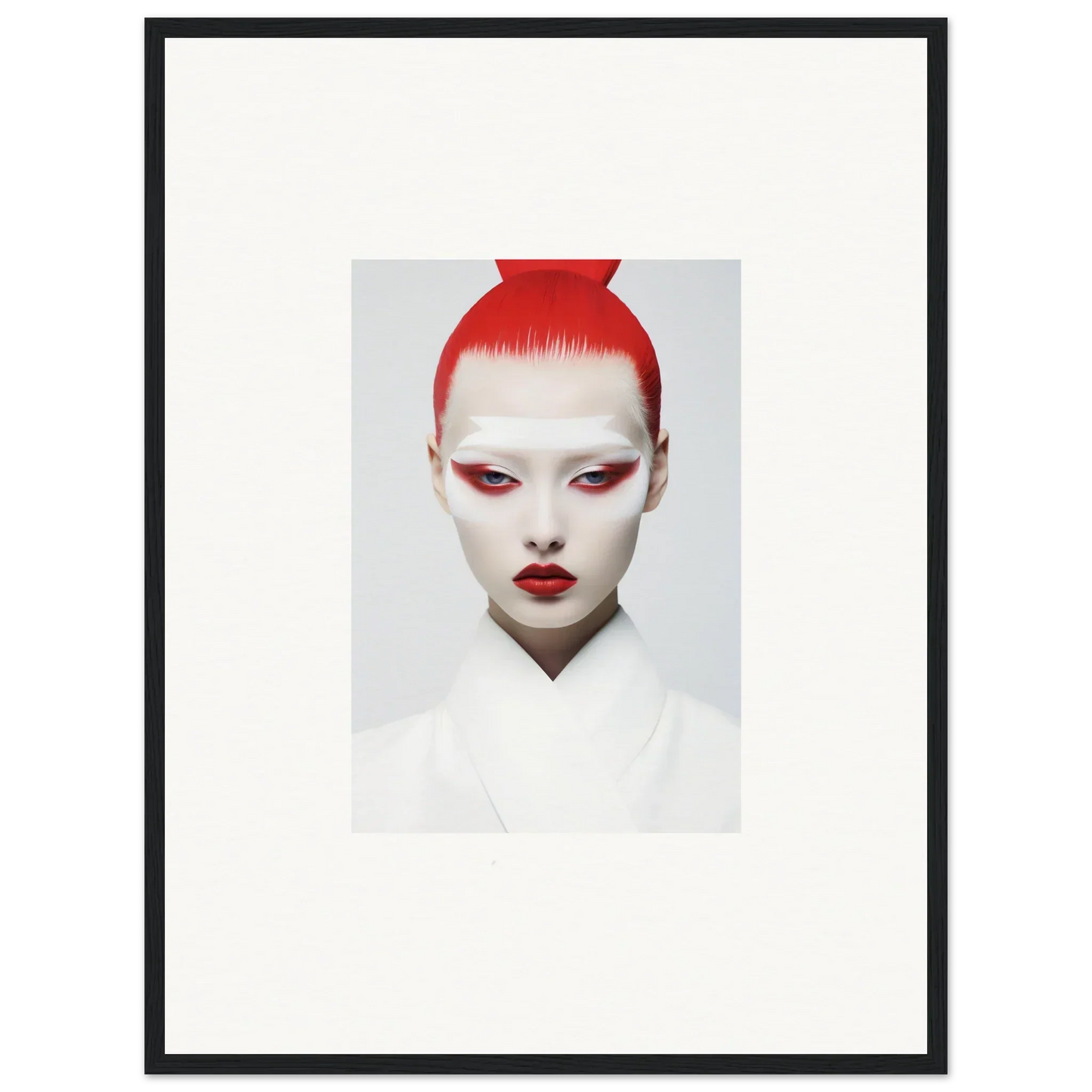 Portrait of a person with red hair and dramatic makeup, perfect for framed wall art