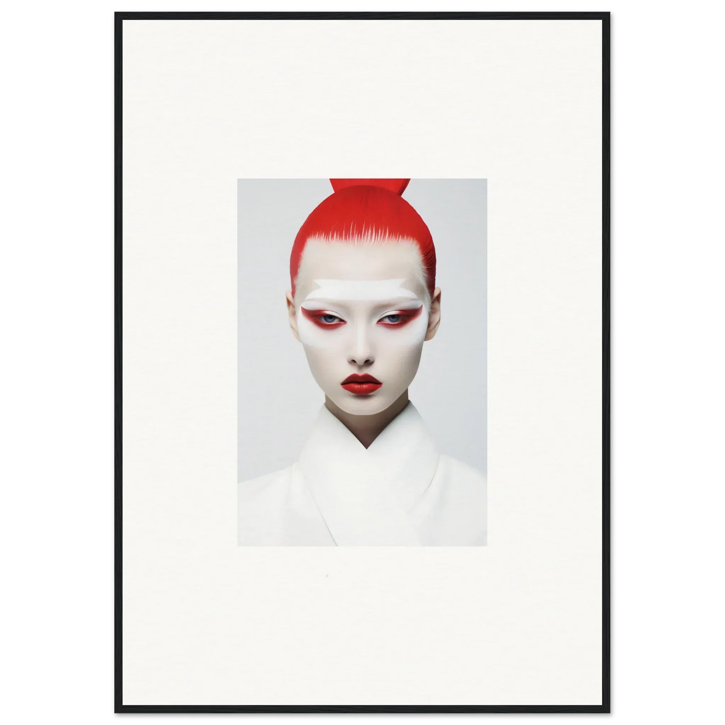 Striking red-haired person with bold makeup, perfect for room decor or framed wall art