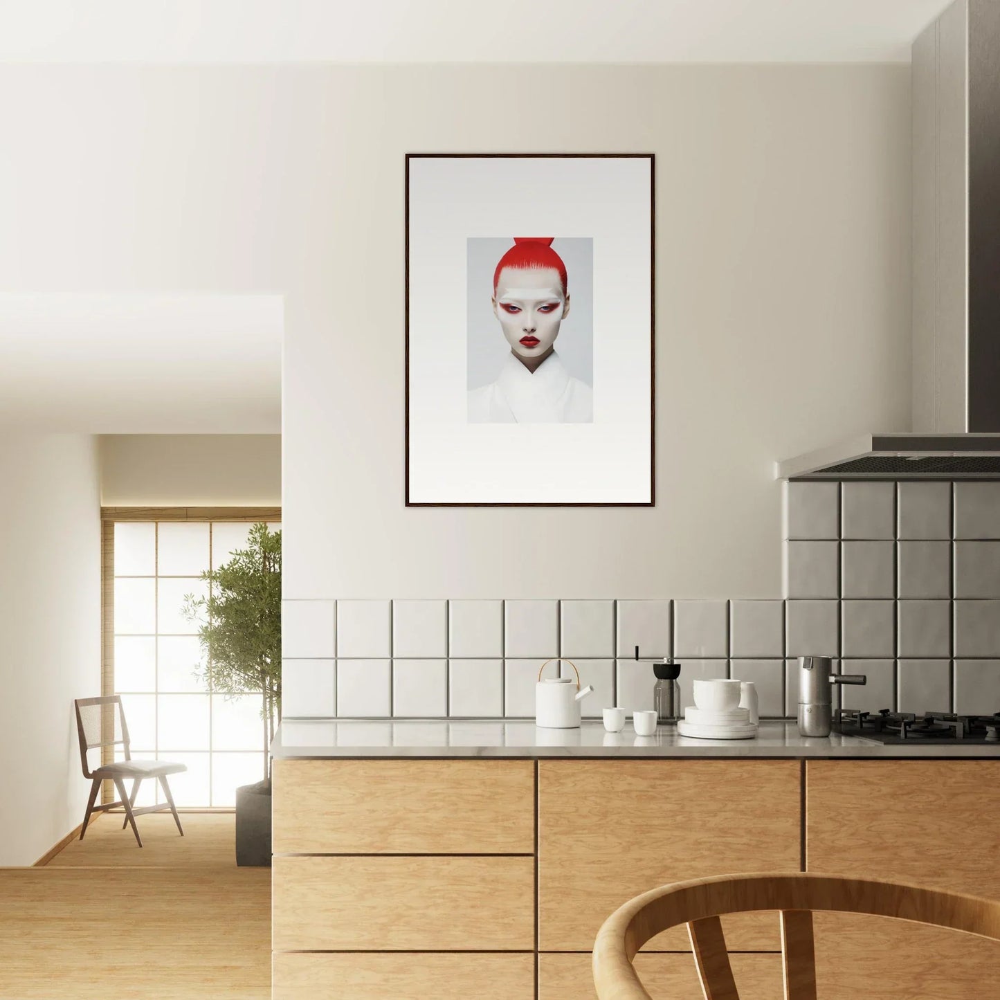 Framed wall art of a stylized face with red accents for modern room decor