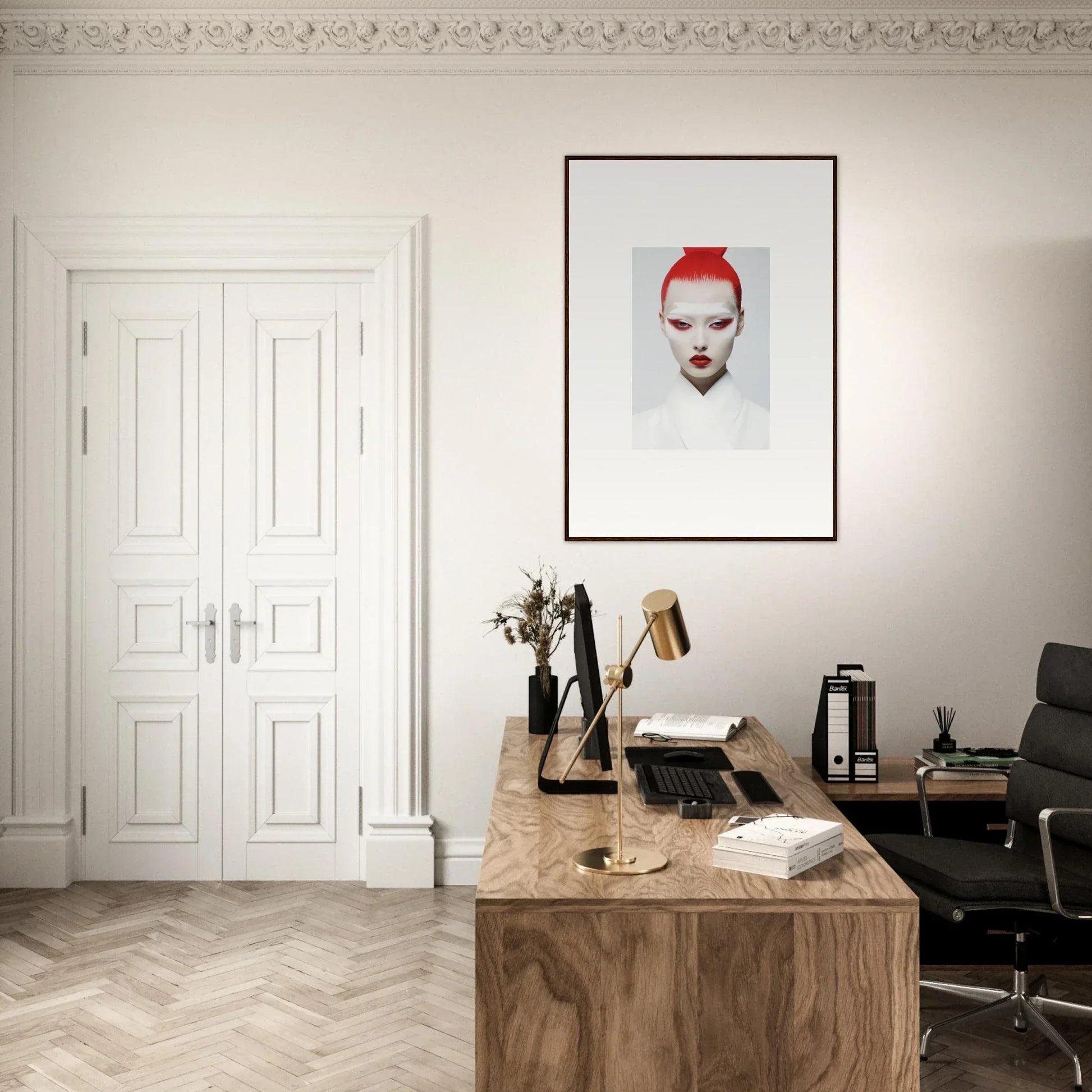 Stylish home office with wooden desk and framed wall art for modern room decor