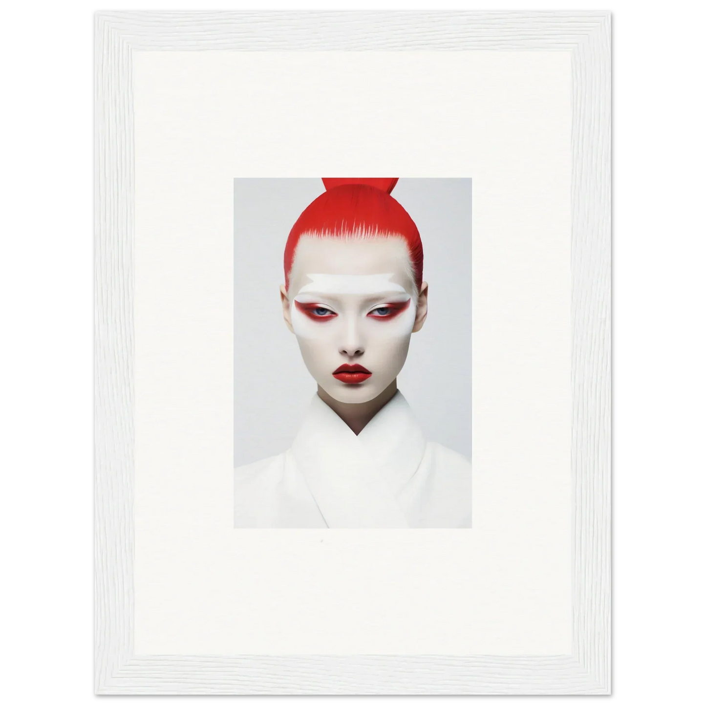 Portrait of a person with red hair and bold makeup, perfect for room decor or canvas prints