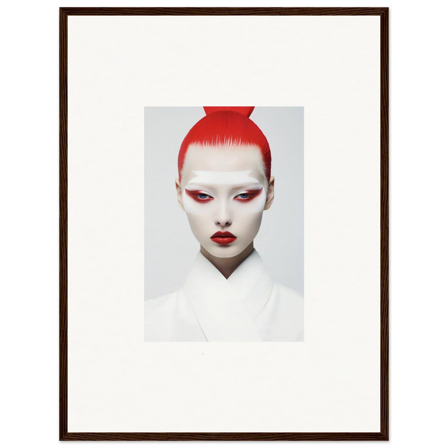 Portrait of a person with red hair and dramatic makeup, perfect for framed wall art