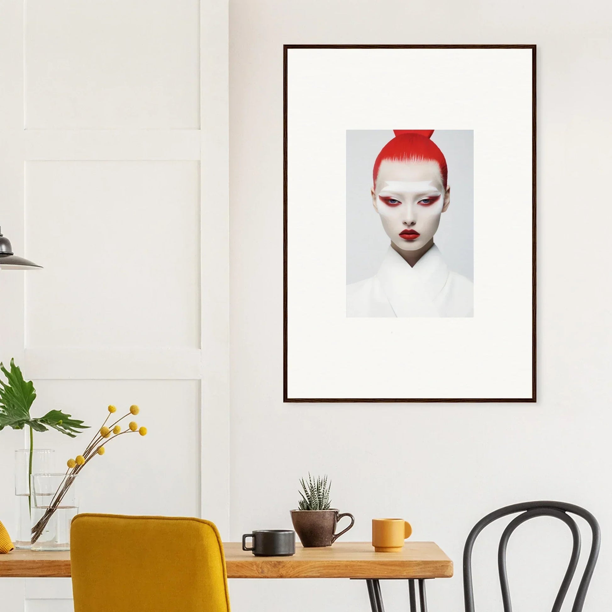 Framed wall art featuring a person with bright red hair and dramatic makeup for room decor