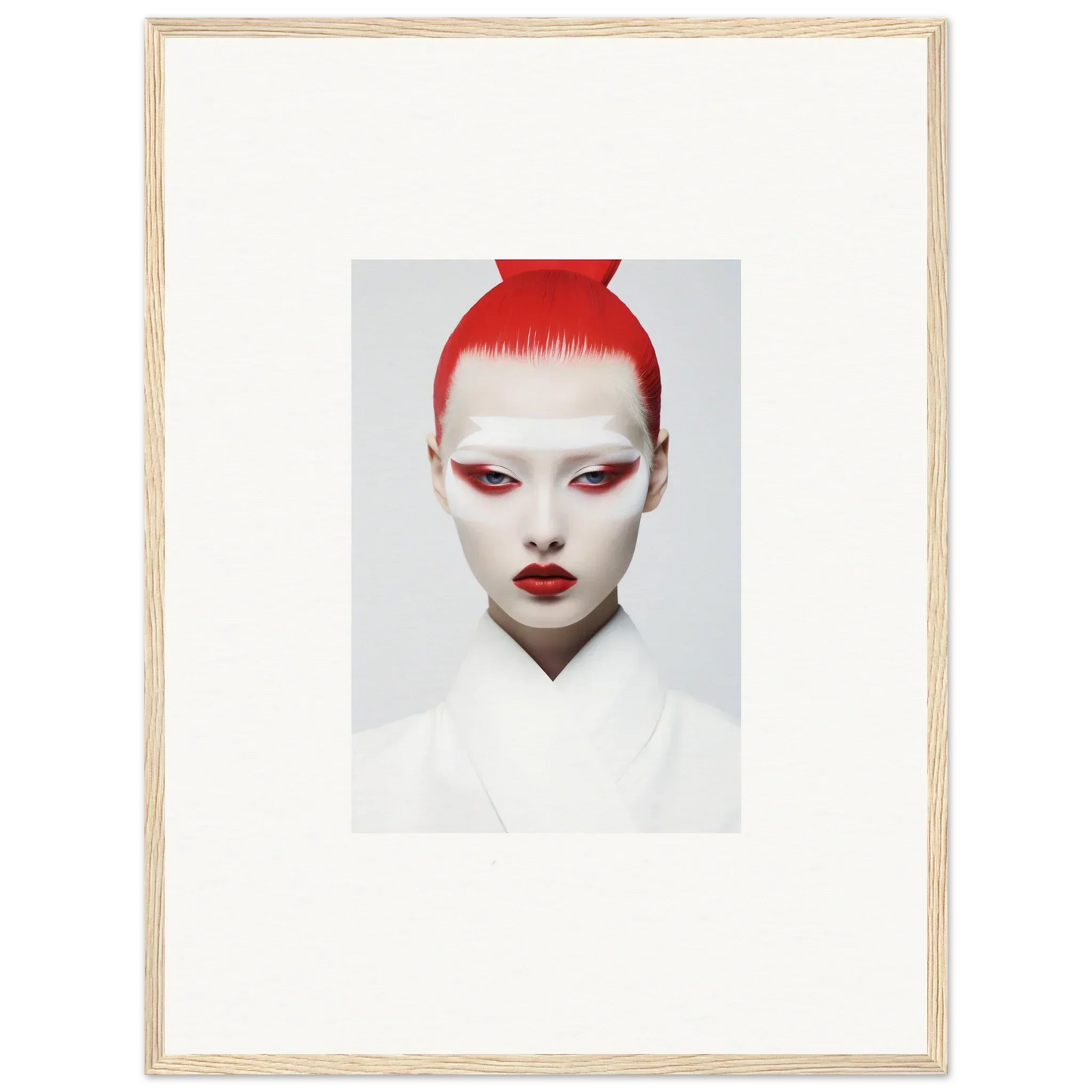 Portrait of a person with red hair and bold makeup, perfect for framed wall art