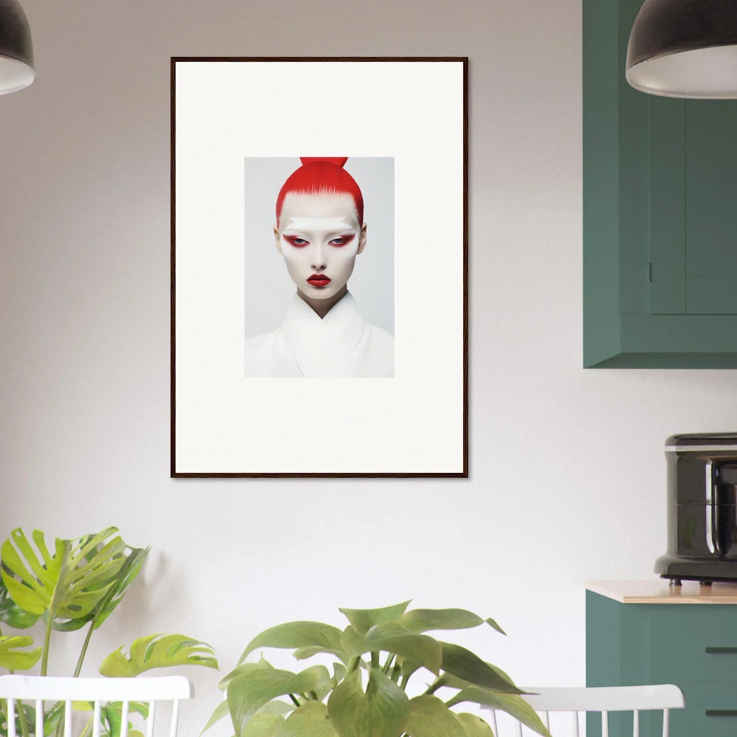 Framed wall art of a person with bright red hair and dramatic makeup for stylish room decor