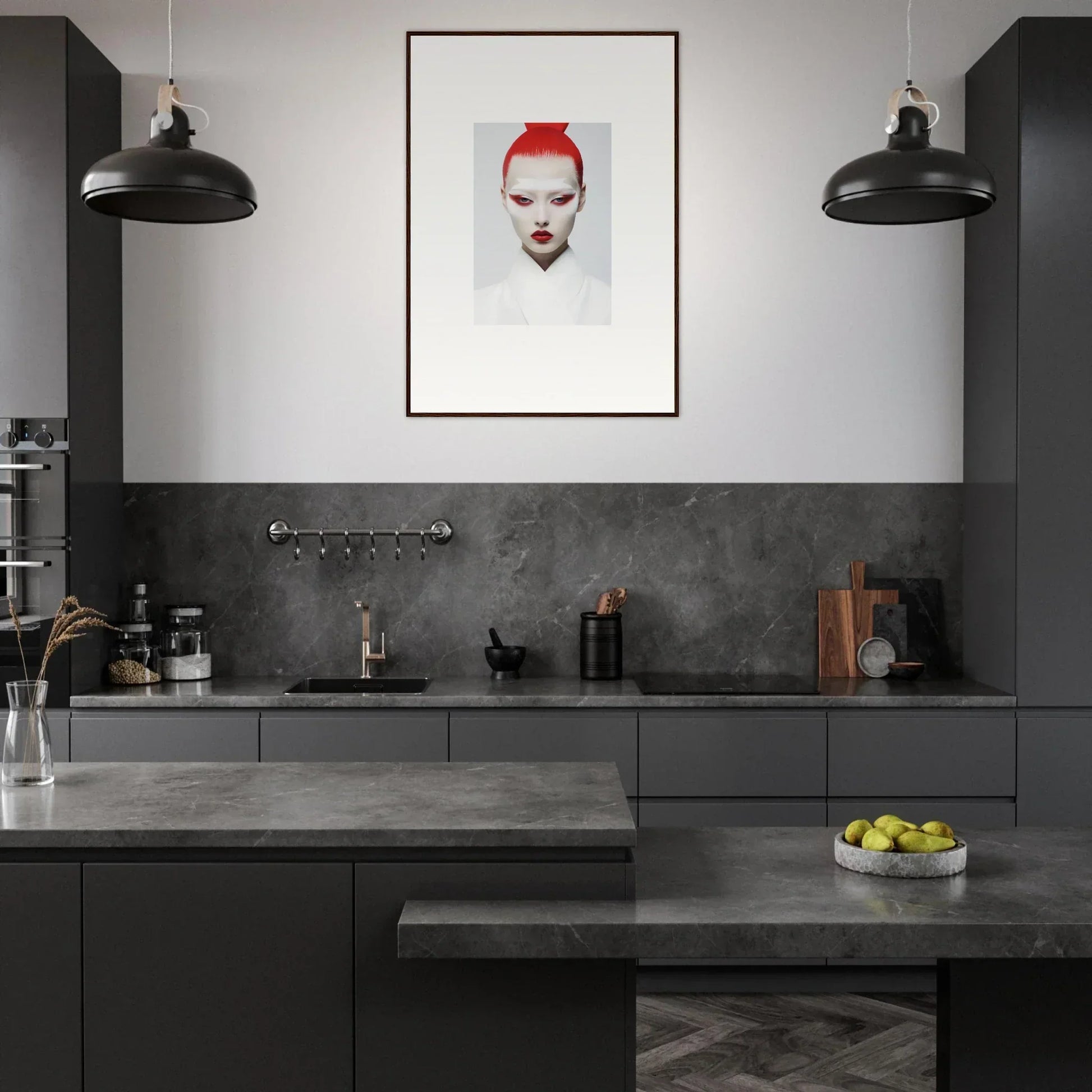 Modern dark kitchen featuring framed wall art for stylish room decor