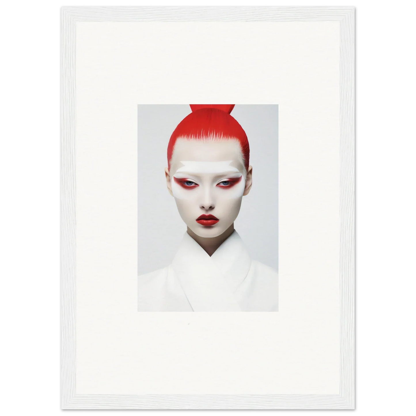 Portrait of a person with red hair and bold makeup in framed wall art for room decor