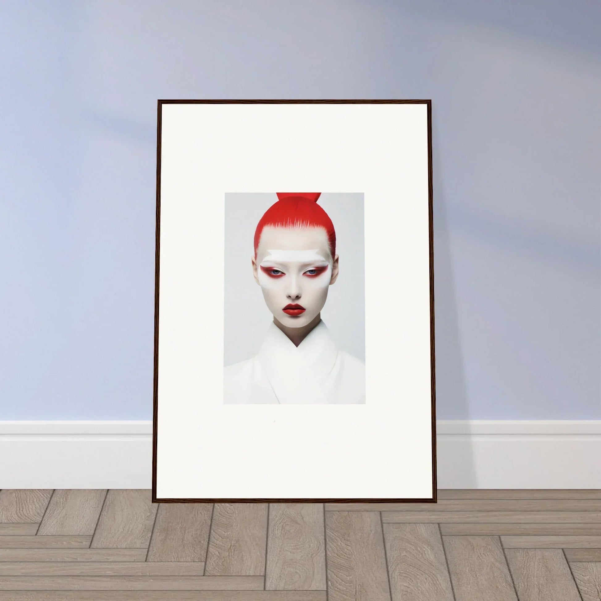 Framed wall art featuring a figure with white skin and red hair for stylish room decor
