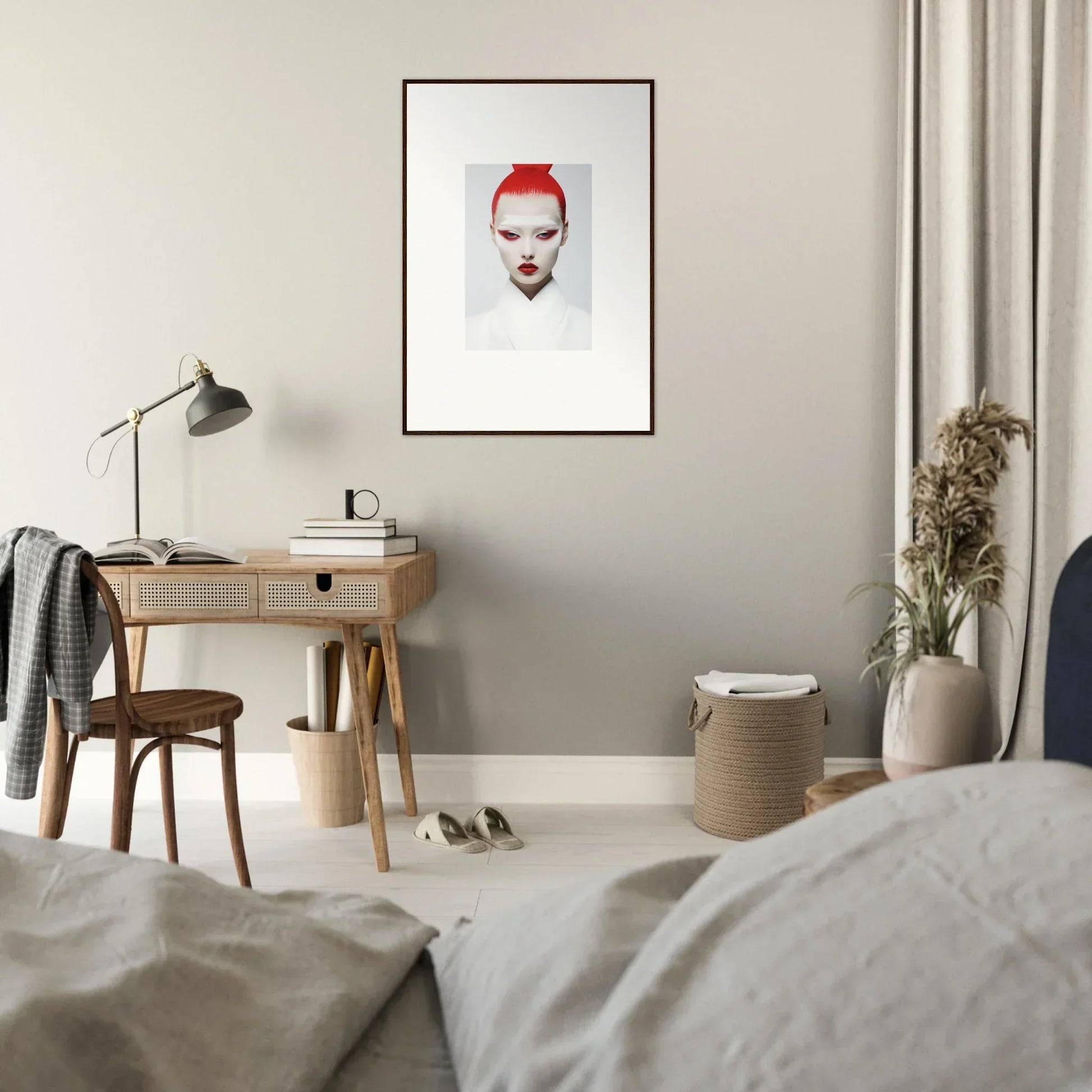 Framed wall art featuring a person with red accents, perfect for room decor