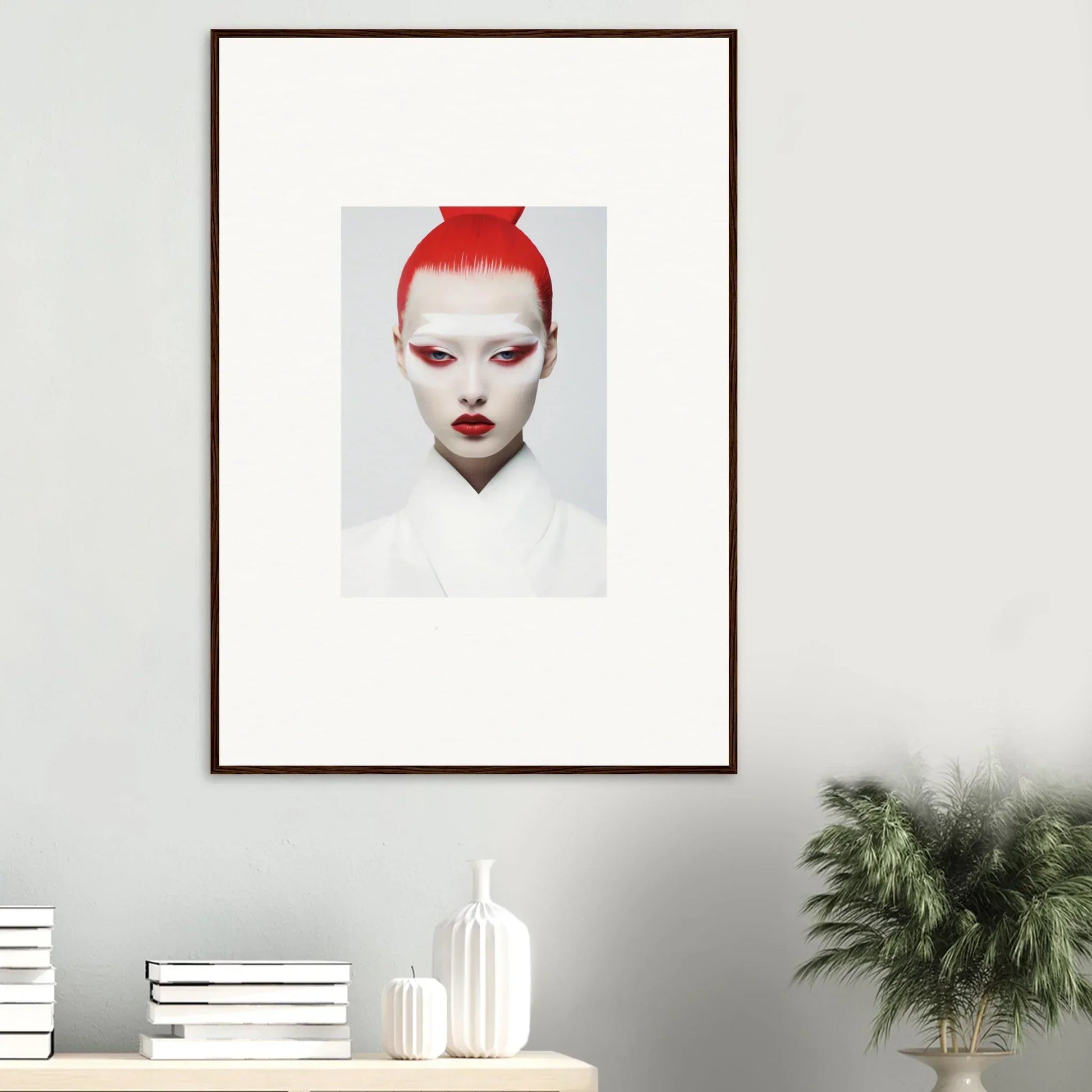 Vibrant red-haired portrait with dramatic makeup, perfect for framed wall art and room decor