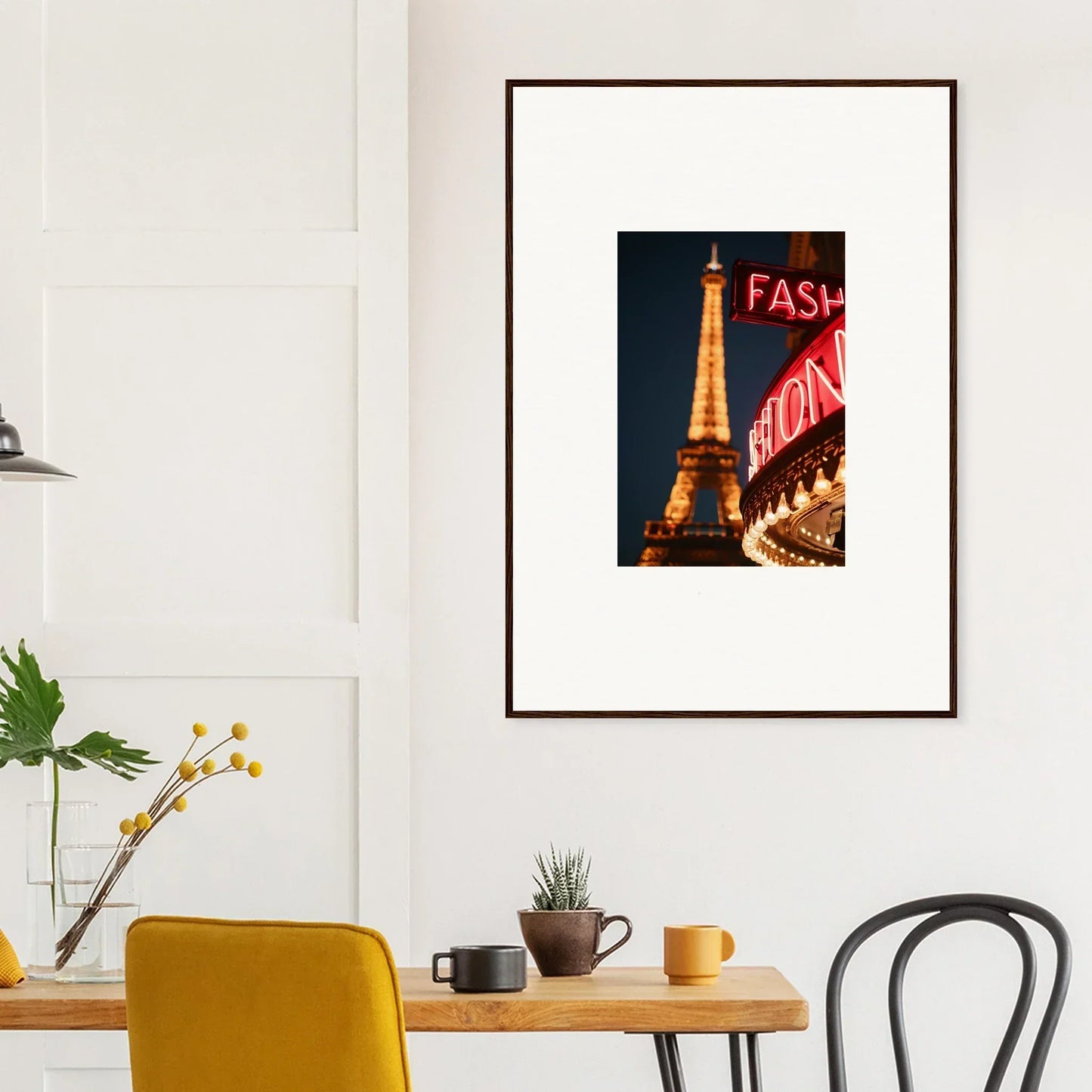 Framed canvas print of the Eiffel Tower at night, adding a nostalgic glamour glow to your room decoration
