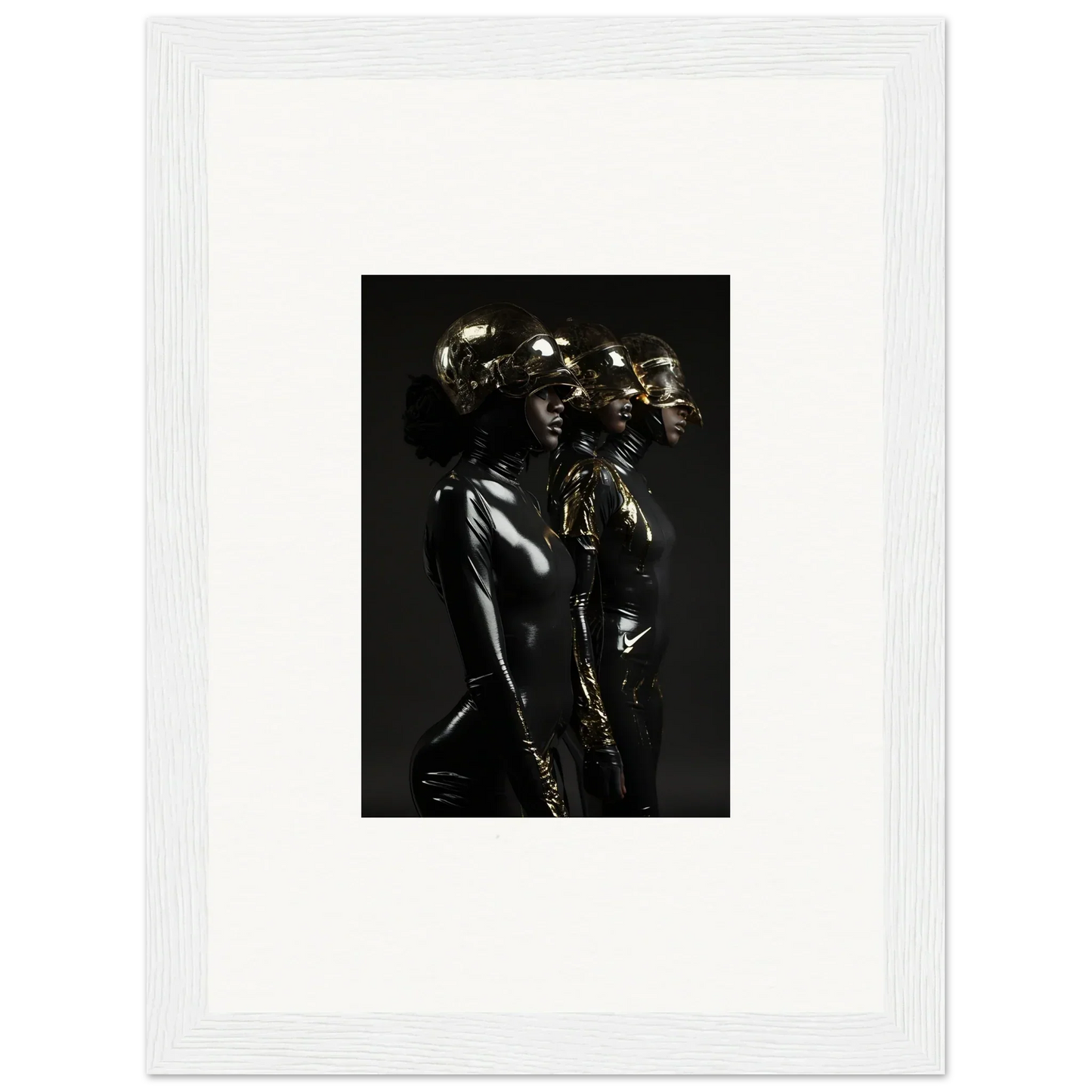 Metallic sculpture or artwork depicting multiple human-like figures with a reflective surface.