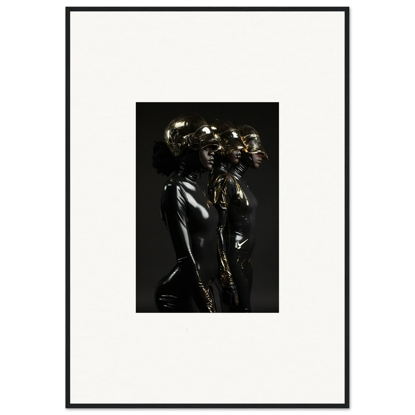 Metallic sculpture of a human figure with multiple heads or faces.