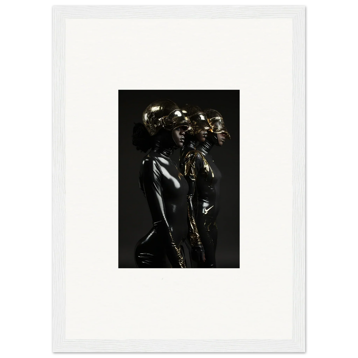 Metallic sculpture or figure with a reflective surface in a dynamic pose.