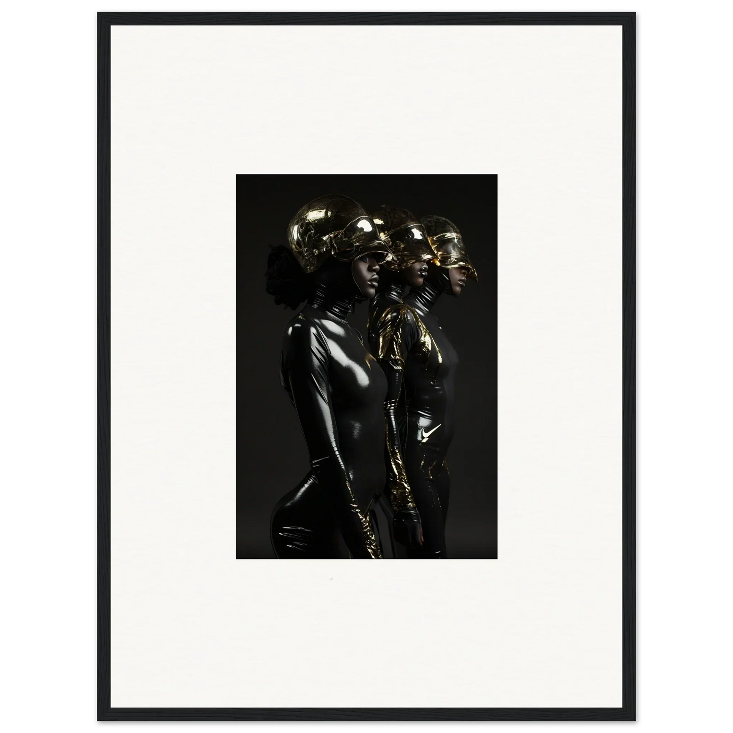 Black and white photograph of a shiny, metallic-looking human figure with an elaborate hairstyle.