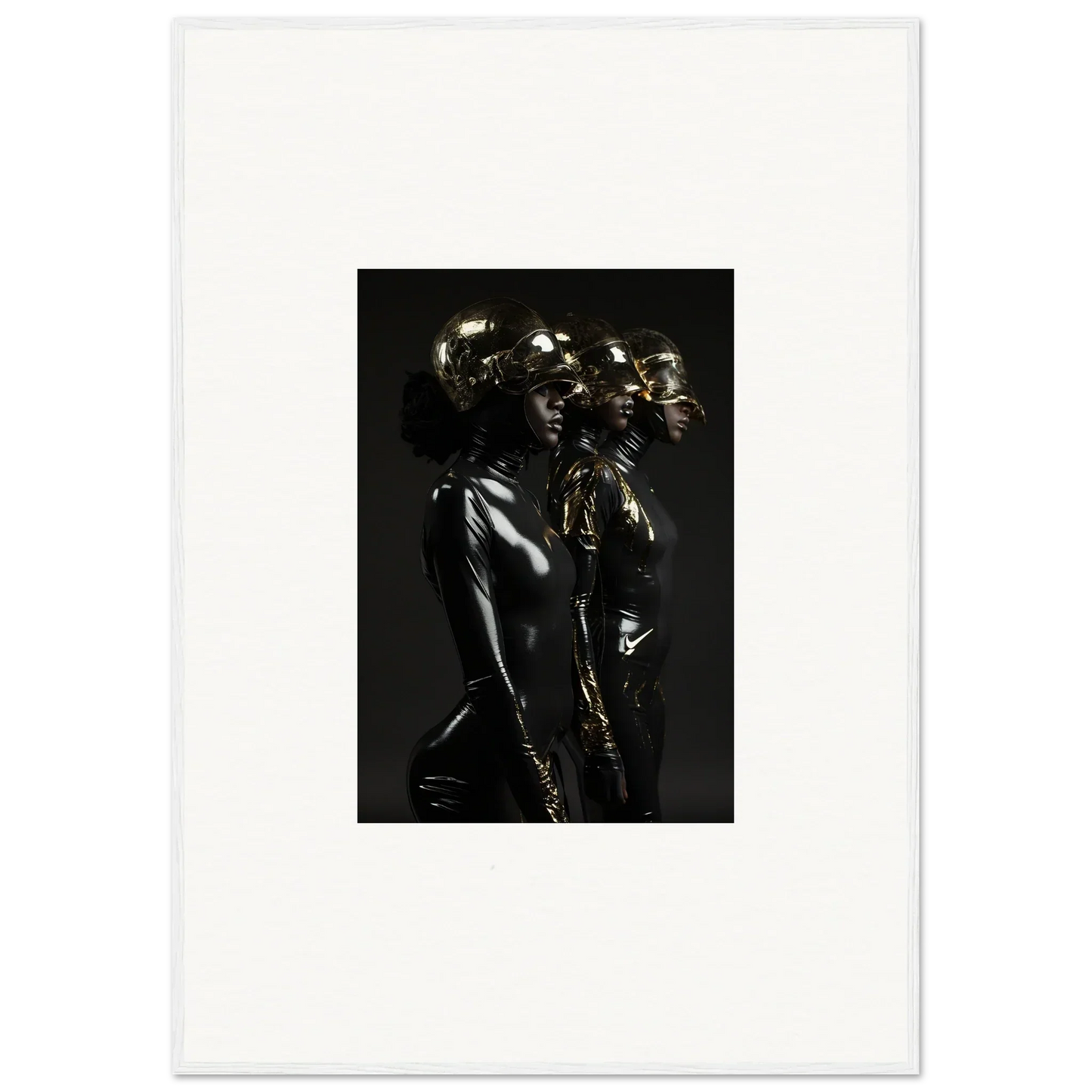 Metallic sculpture depicting a stylized human figure with multiple faces or heads.