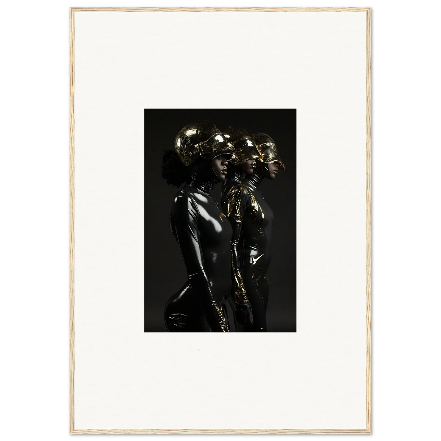 Dark, metallic sculpture depicting a stylized human figure with an elongated neck and abstract features.