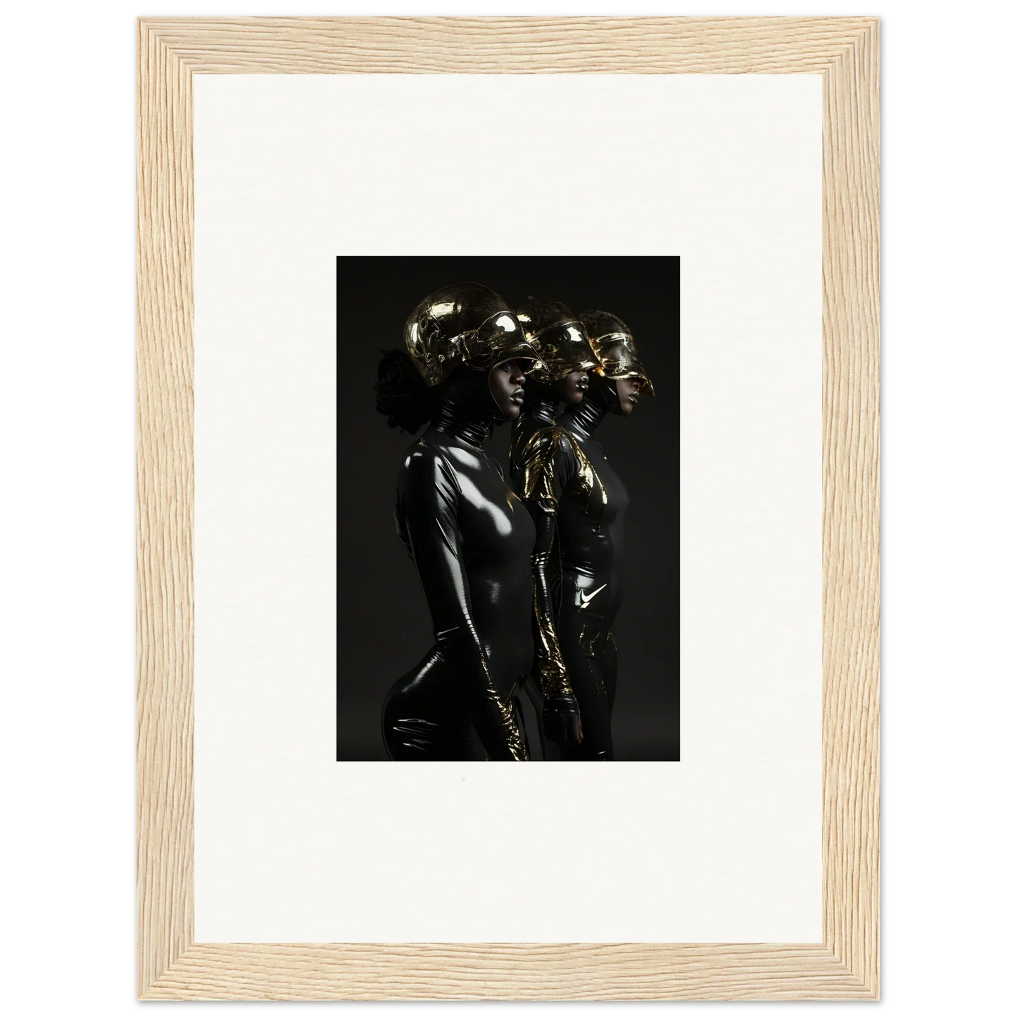 Framed artwork depicting metallic-looking human figures in a dark, sculptural style.