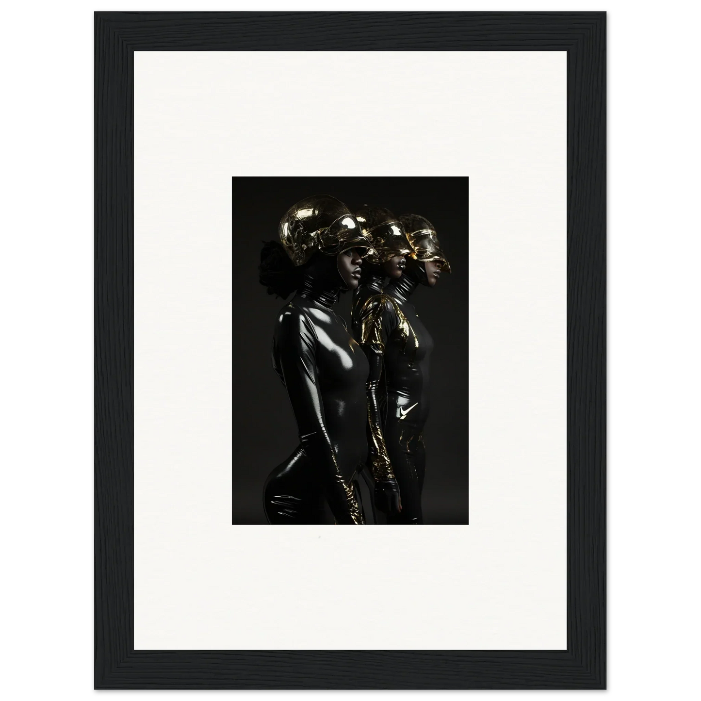 Metallic sculpture depicting multiple human-like figures standing close together.