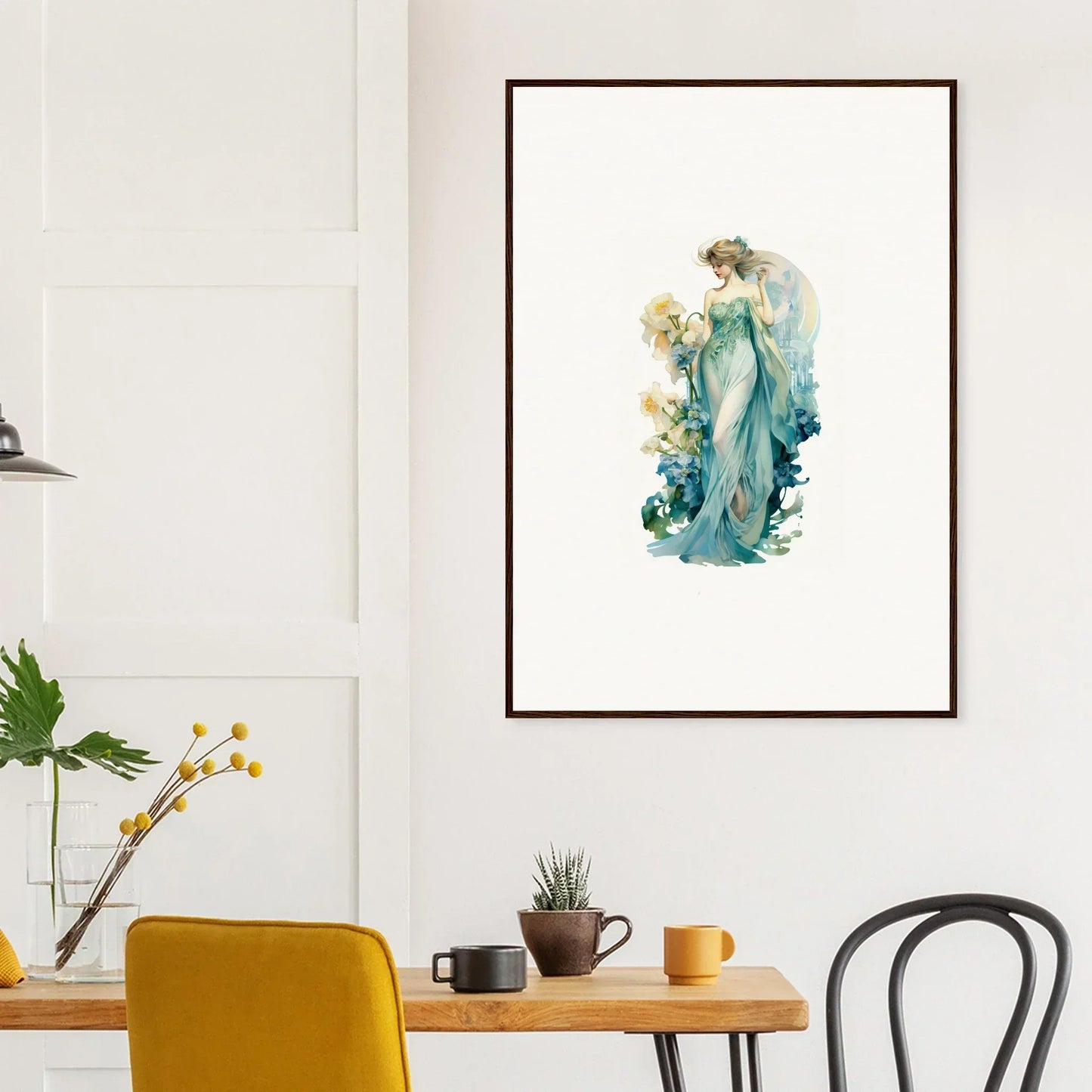 Framed canvas print of a nymphic etherwaves female figure in a flowing teal gown