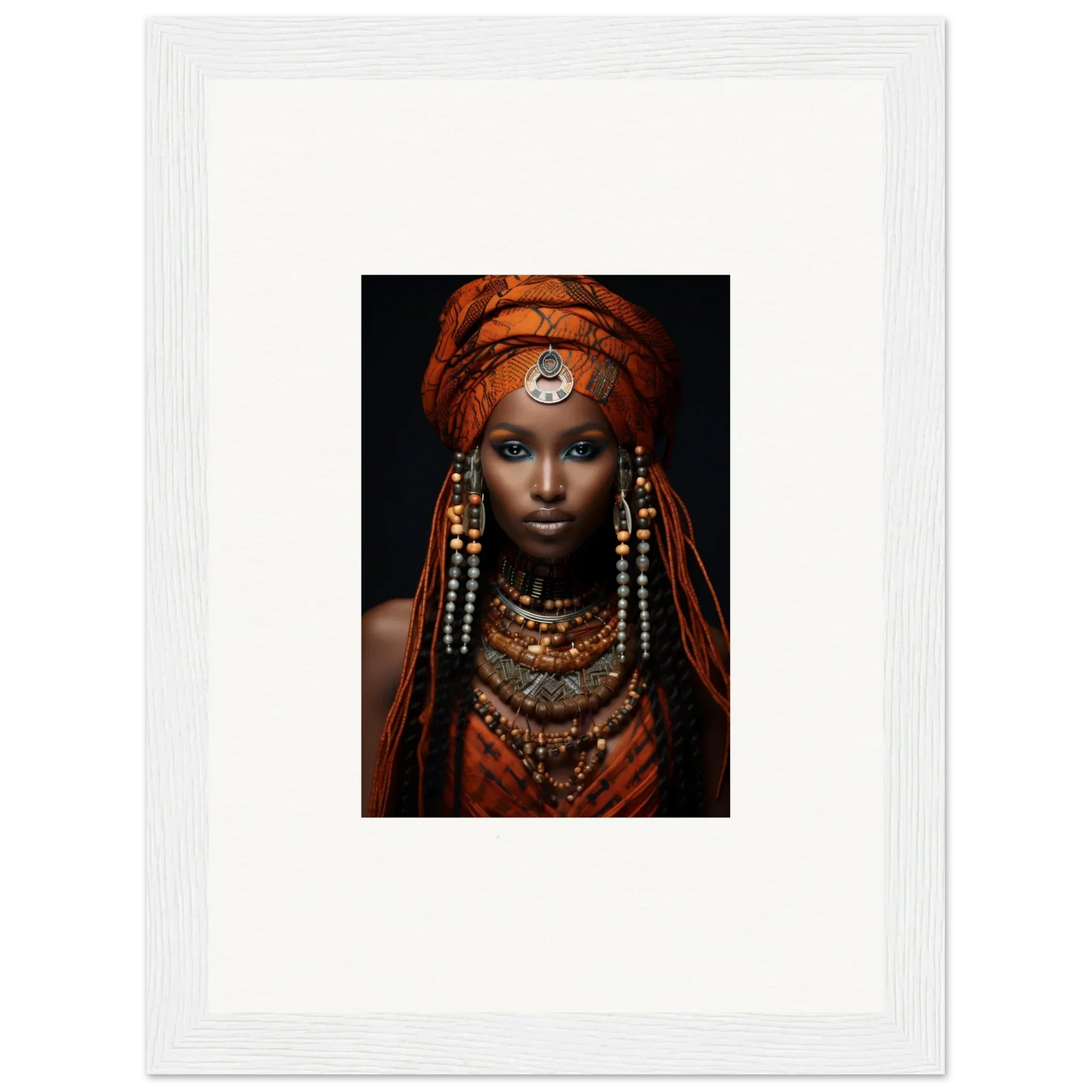 Portrait of an Obsidian Ethereal Goddess in vibrant tribal attire and beaded jewelry