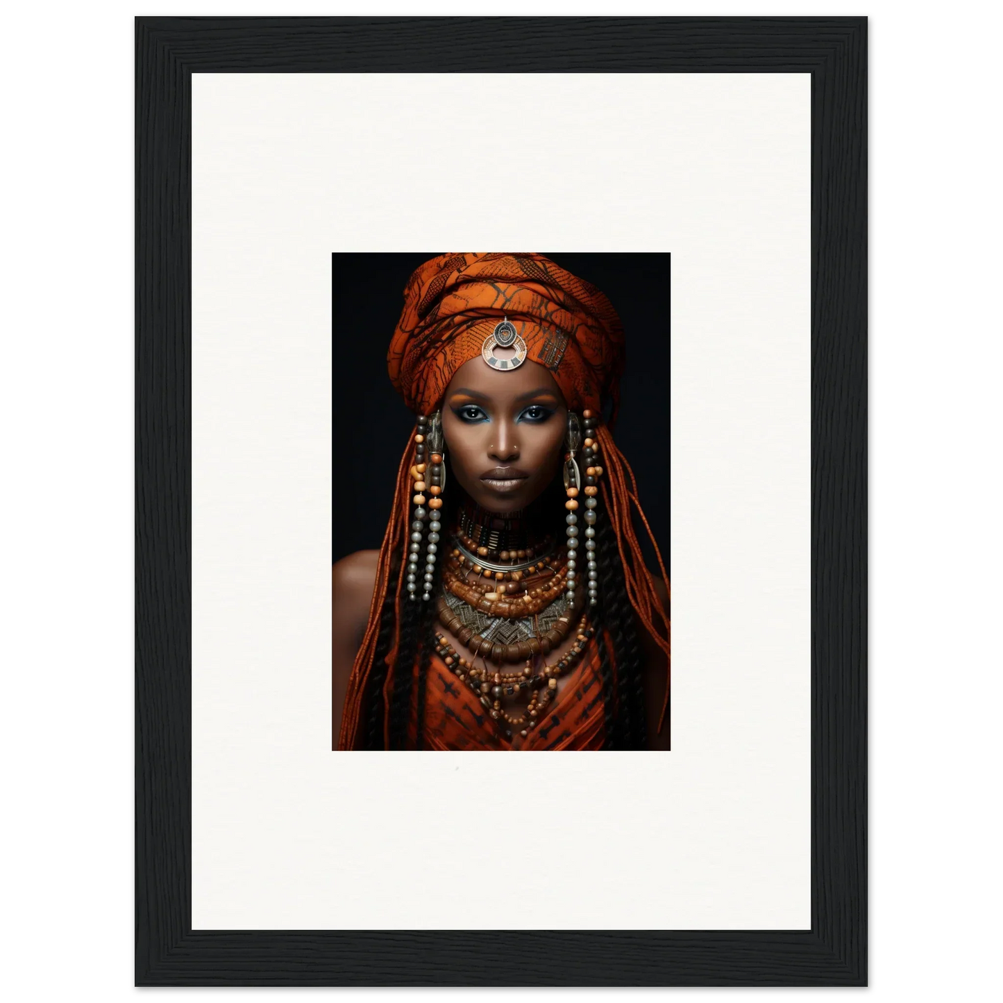 Framed portrait of an Obsidian Ethereal Goddess in vibrant African attire and jewelry