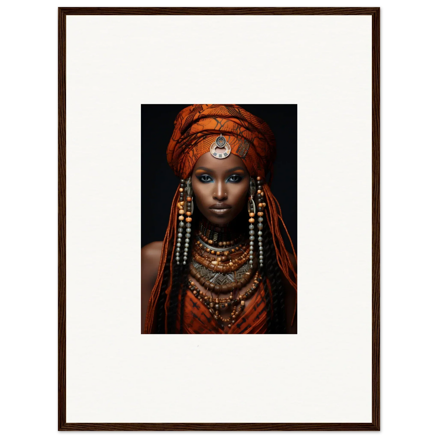 Portrait of an Obsidian Ethereal Goddess in vibrant tribal attire and jewelry