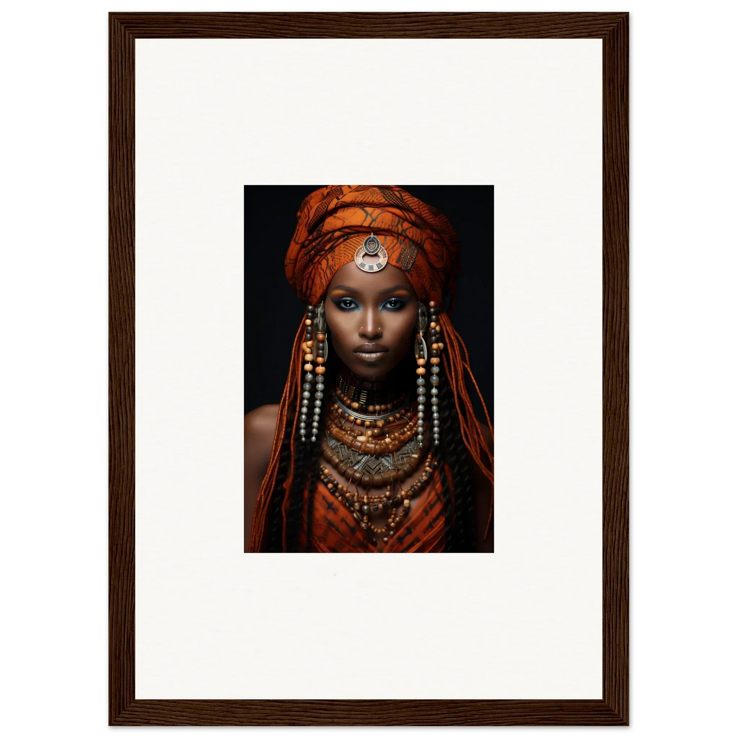 Framed art of Obsidian Ethereal Goddess in tribal attire and beaded jewelry