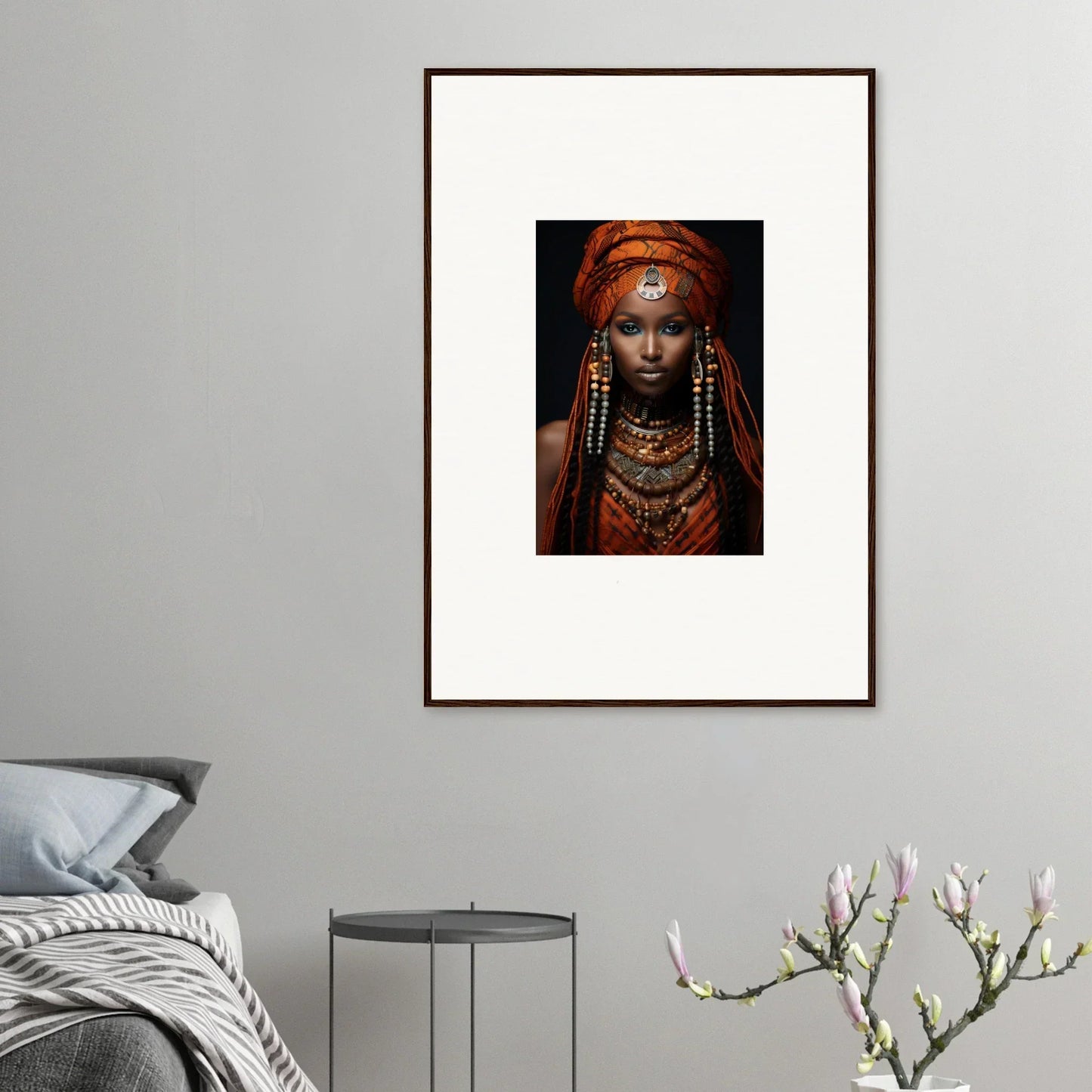 Framed portrait of an Obsidian Ethereal Goddess in vibrant tribal attire and jewelry