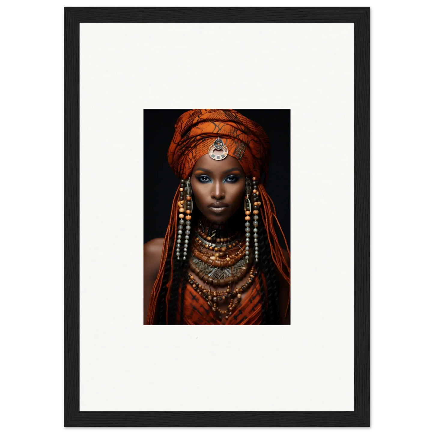 Portrait of an Obsidian Ethereal Goddess in vibrant tribal attire and jewelry