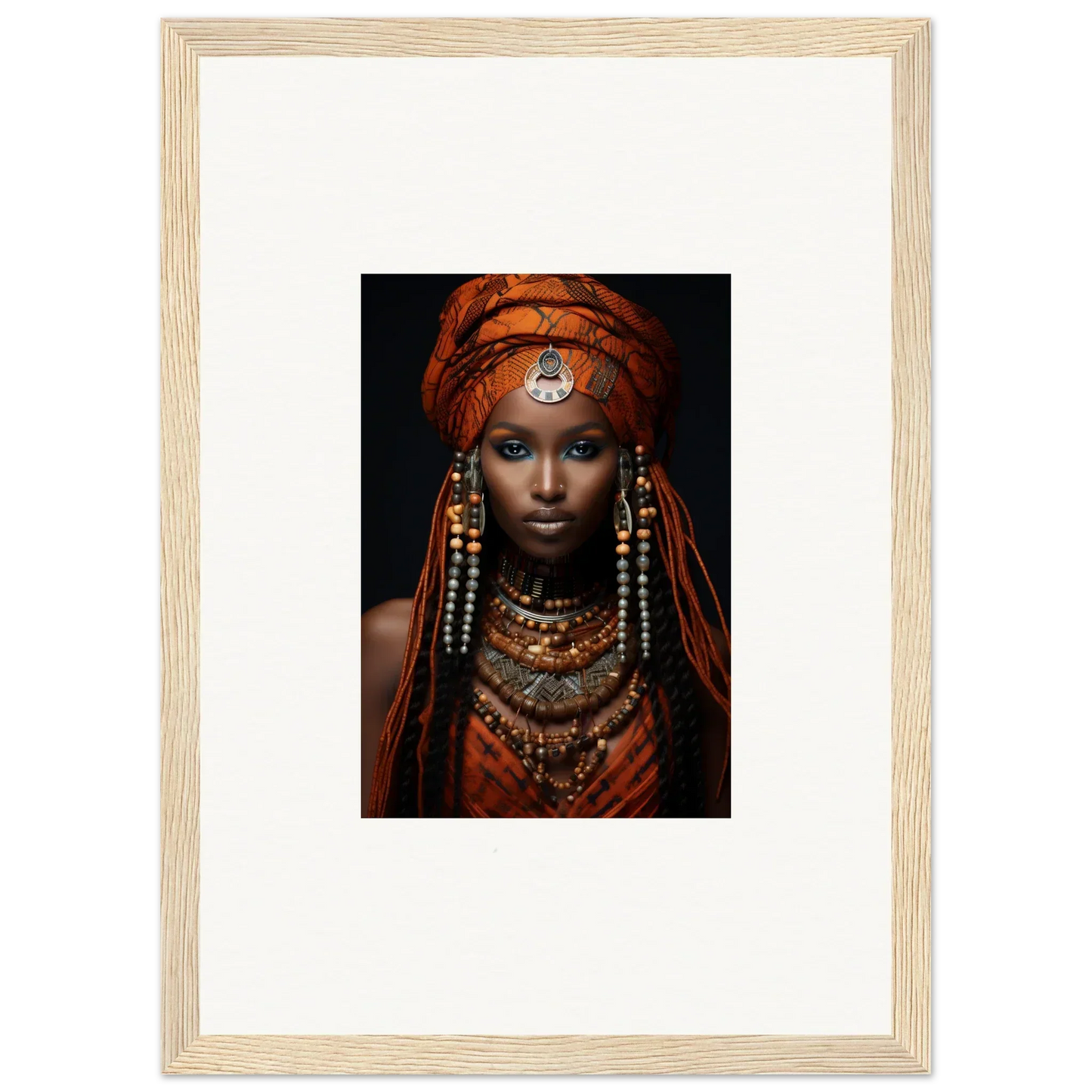 Framed portrait of an Obsidian Ethereal Goddess in vibrant tribal attire and jewelry
