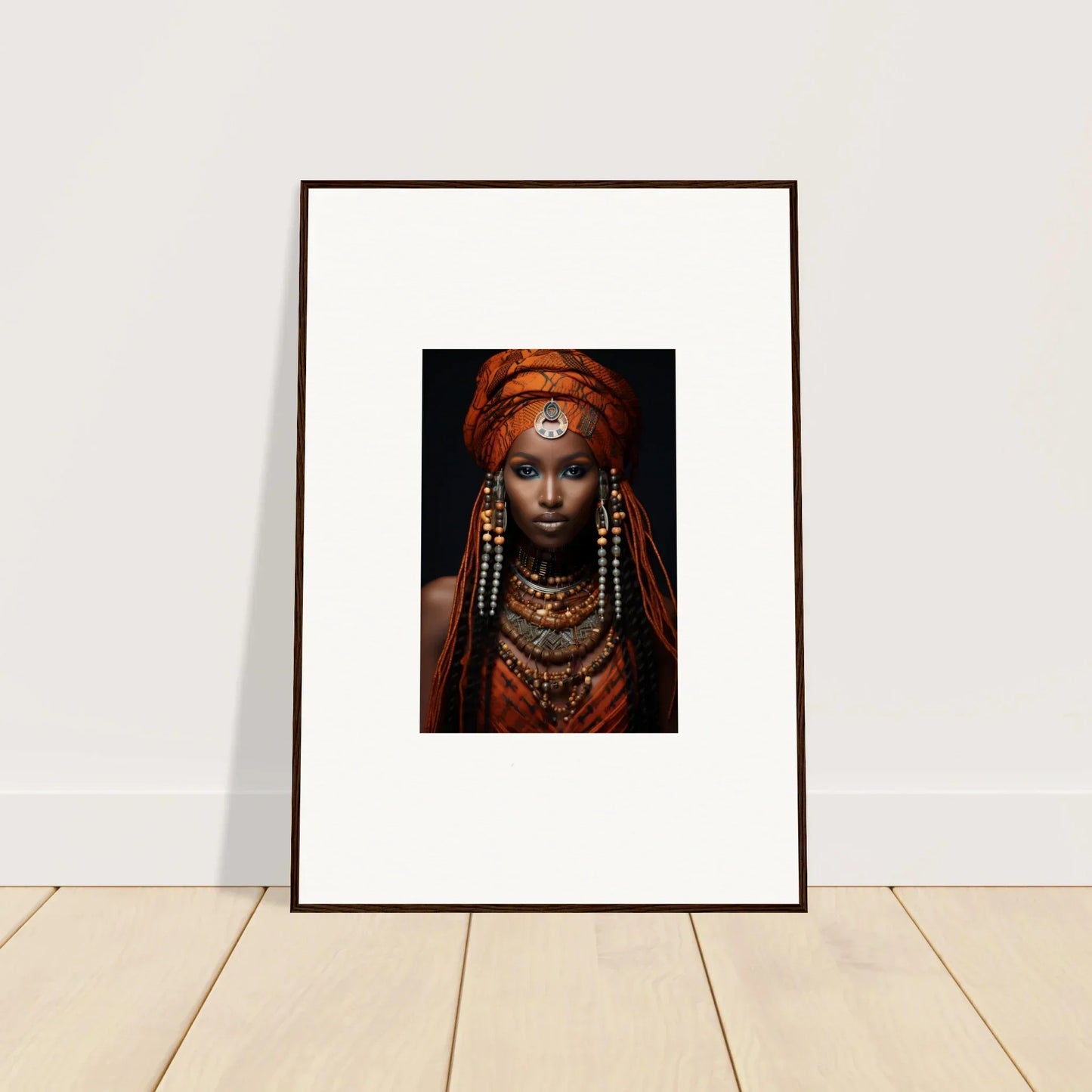 Framed portrait of an Obsidian Ethereal Goddess in tribal jewelry and orange head wrap