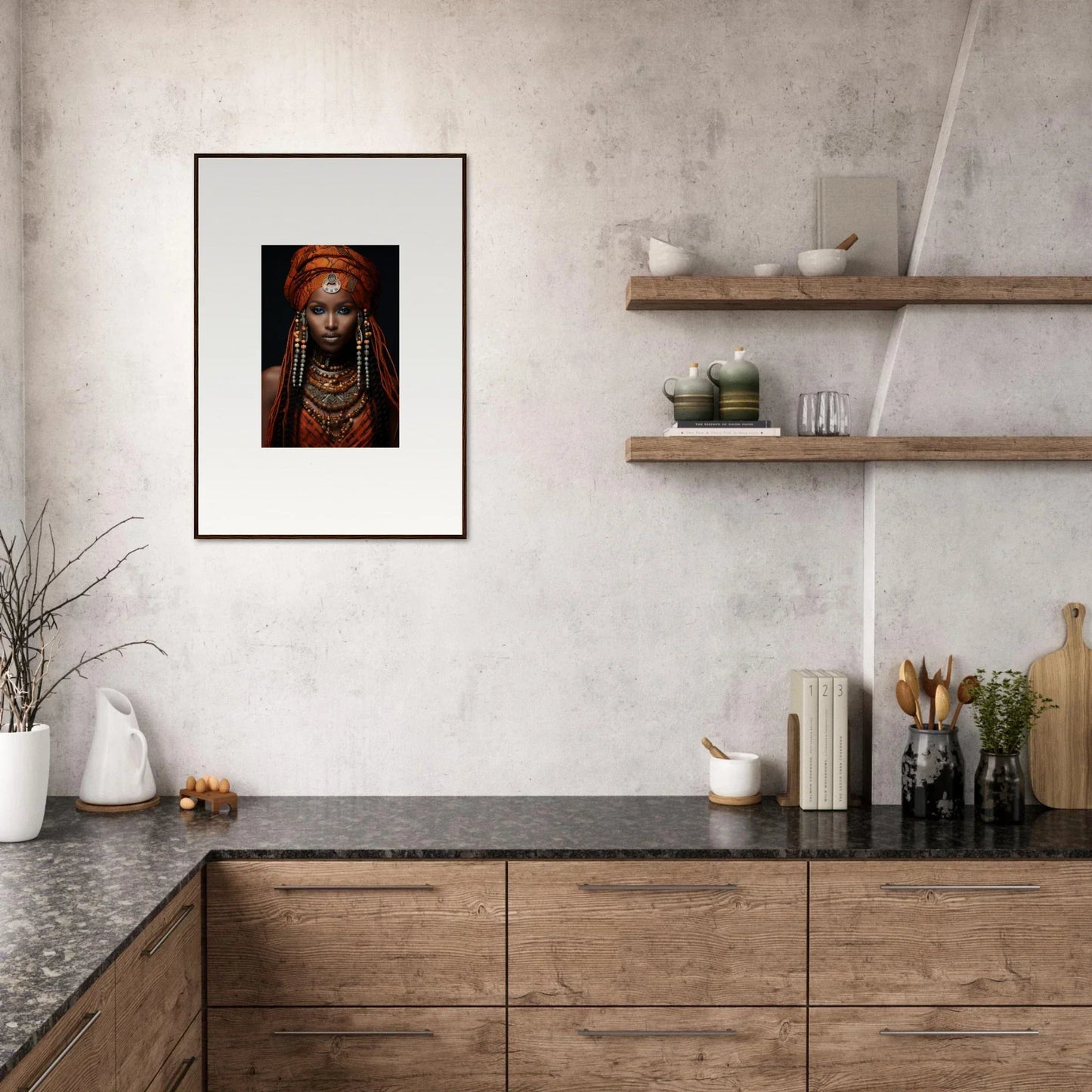 Framed portrait of an Ethereal Goddess with traditional African jewelry in Obsidian Ethereal Goddess