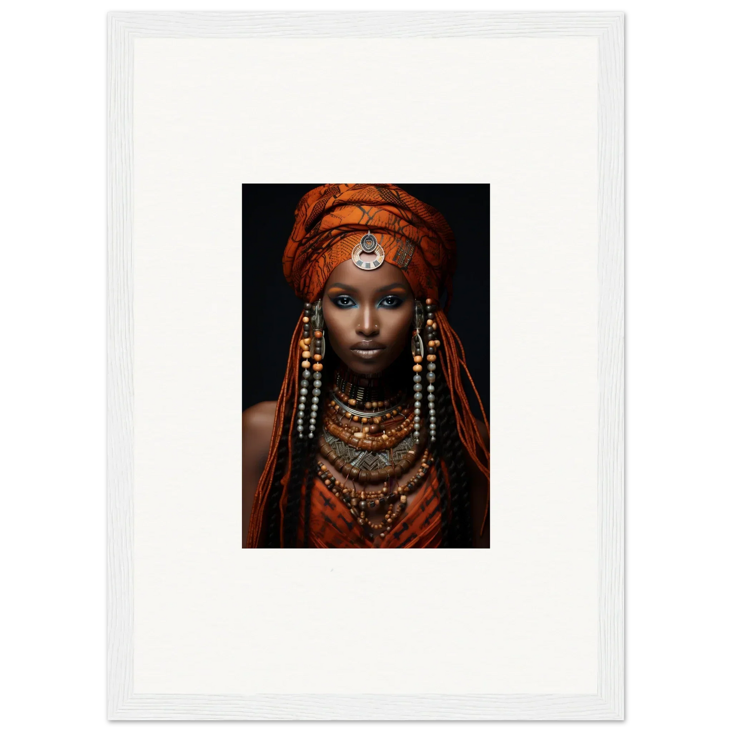 Portrait of the Obsidian Ethereal Goddess in vibrant tribal attire and beaded jewelry