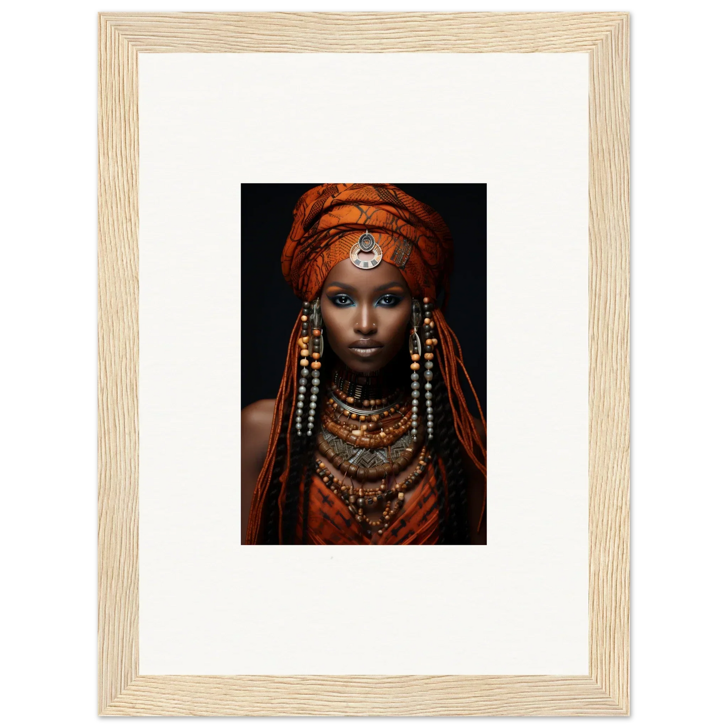 Portrait of Ethereal Goddess in tribal attire, framed, with vibrant orange head wrap