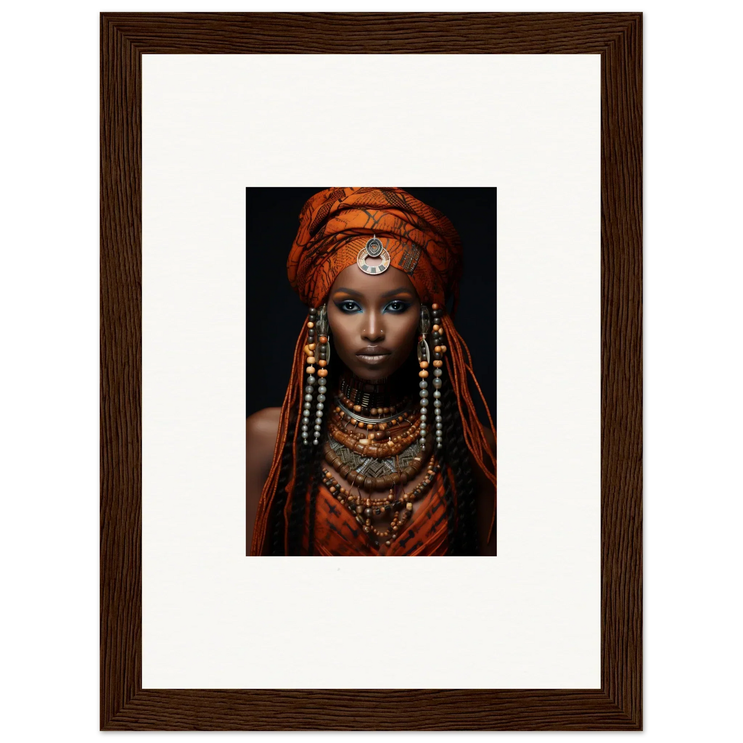 Portrait of an Ethereal Goddess in an orange headwrap and beaded jewelry for Obsidian Ethereal Goddess