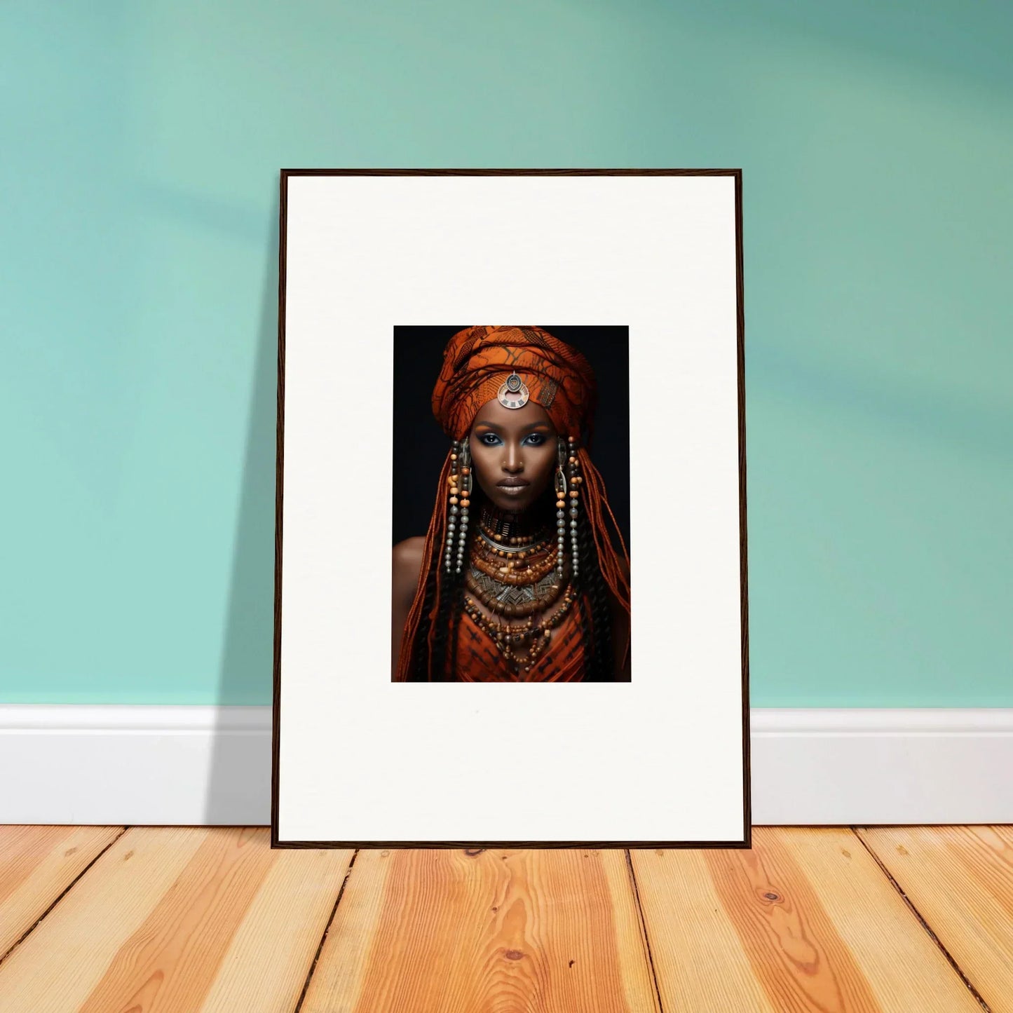 Framed portrait of an Obsidian Ethereal Goddess with tribal jewelry and orange head wrap
