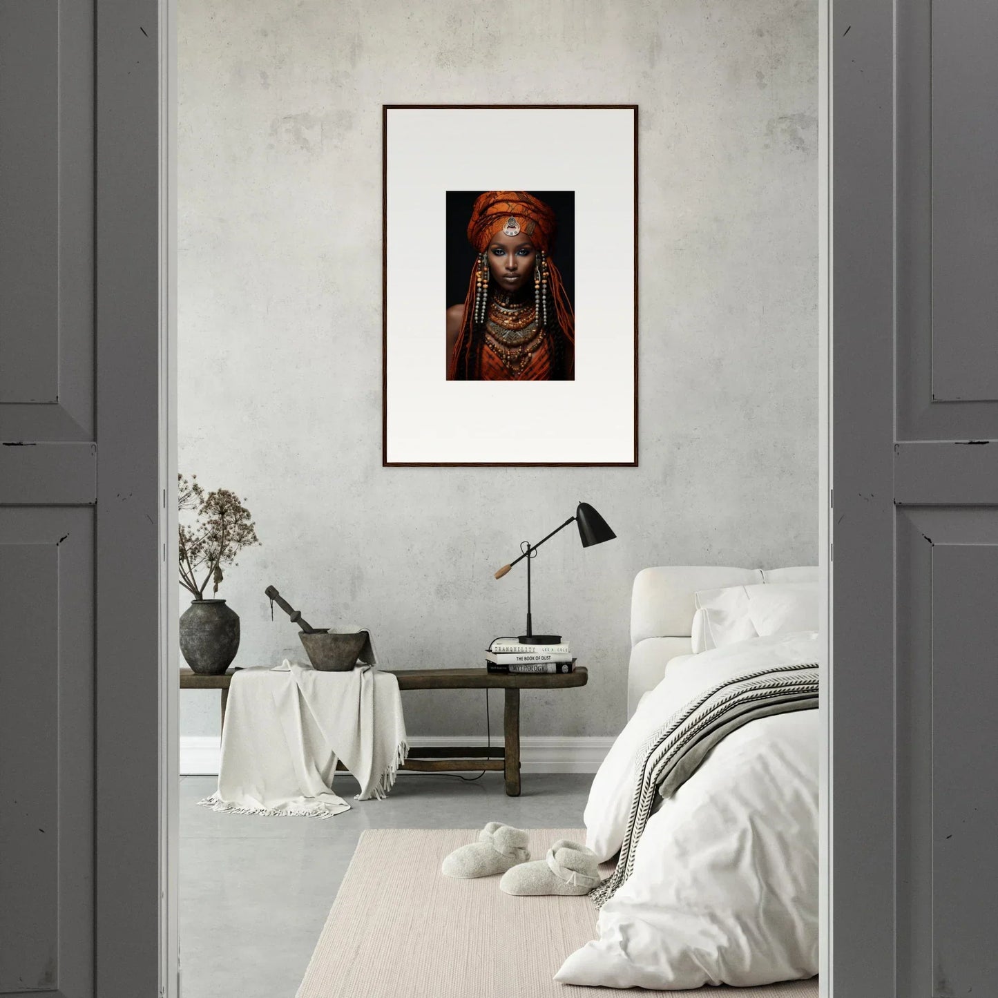 Framed portrait of an Obsidian Ethereal Goddess in vibrant tribal jewelry and headdress