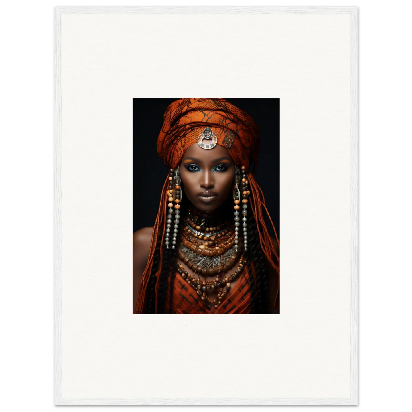 Portrait of Obsidian Ethereal Goddess with vibrant African attire and jewelry