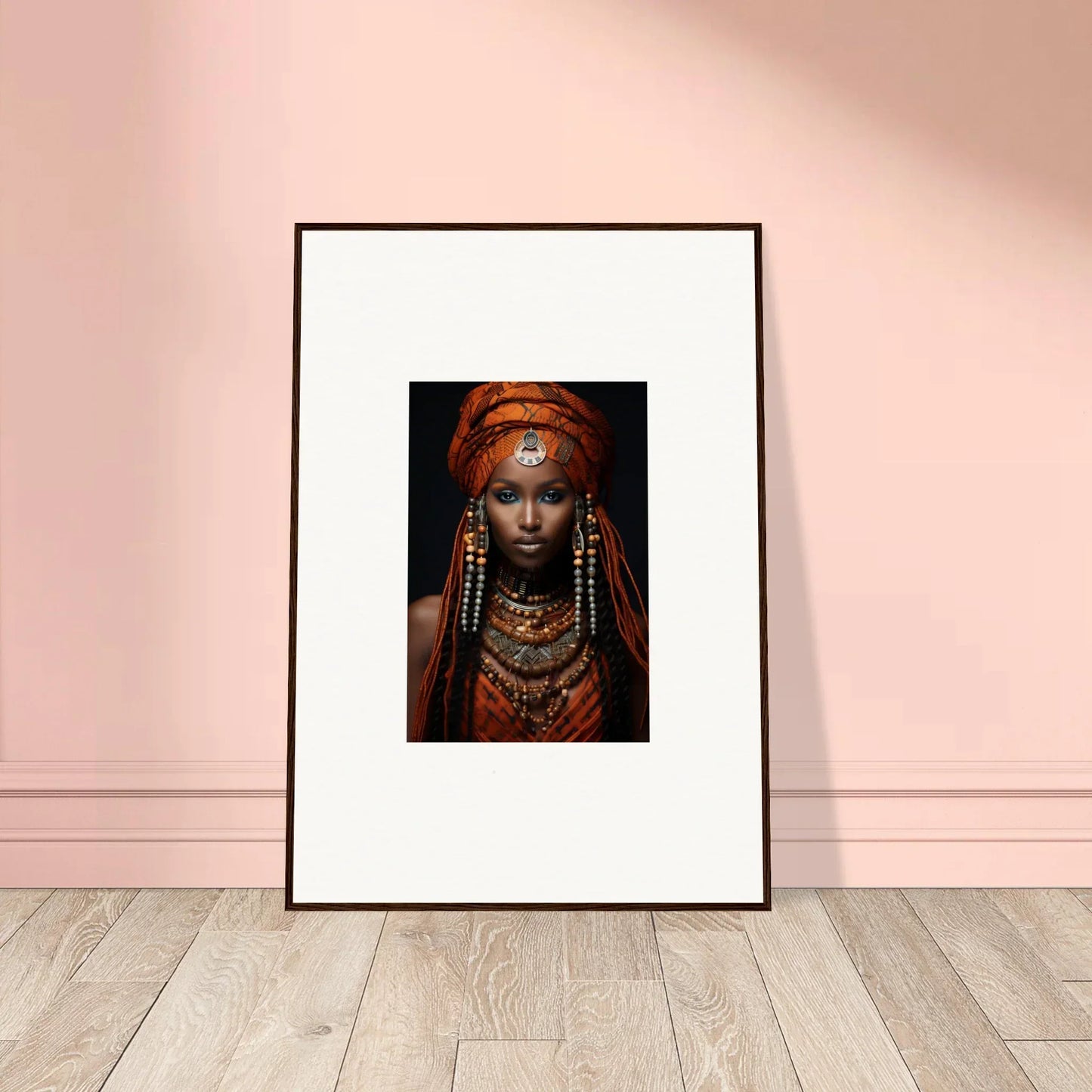 Framed portrait of the Obsidian Ethereal Goddess showcasing vibrant jewelry and head wrap