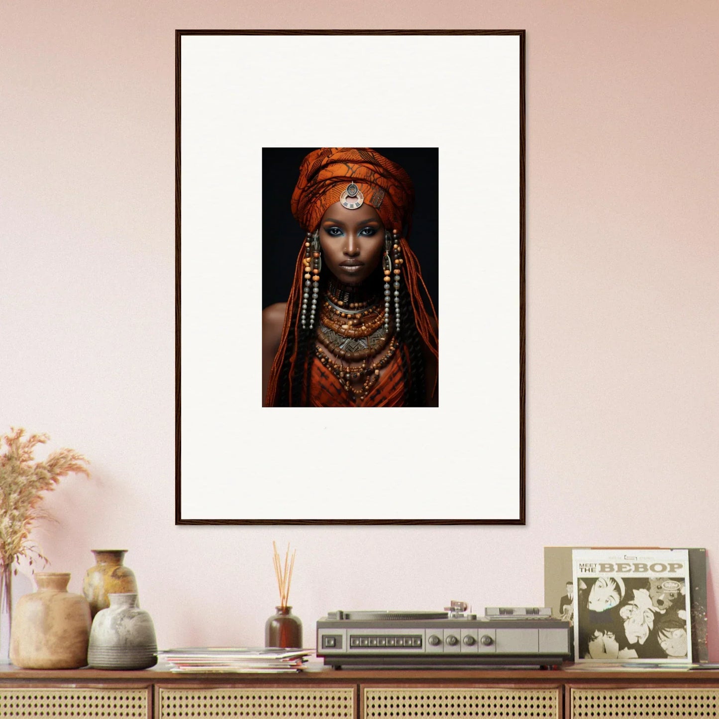 Framed portrait of an Obsidian Ethereal Goddess in vibrant tribal jewelry and headdress