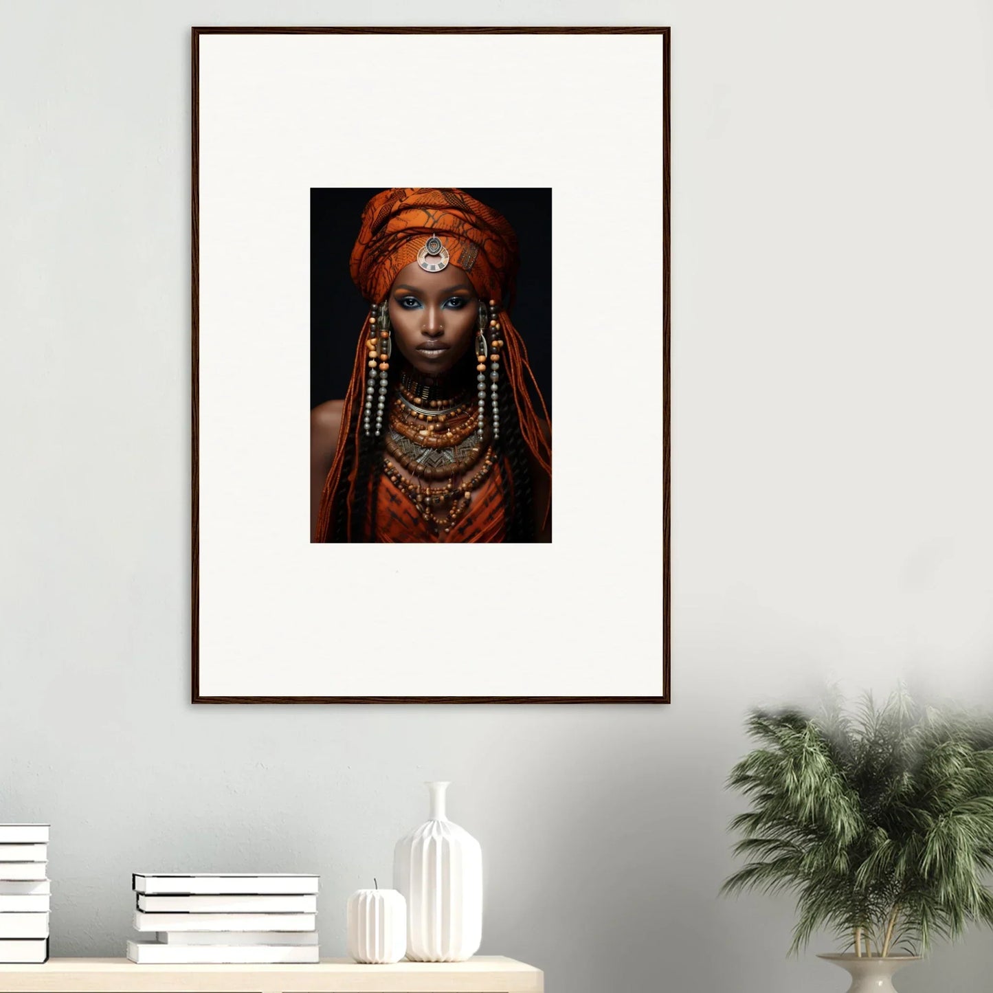 Framed portrait of an Obsidian Ethereal Goddess in tribal jewelry and a vibrant head wrap