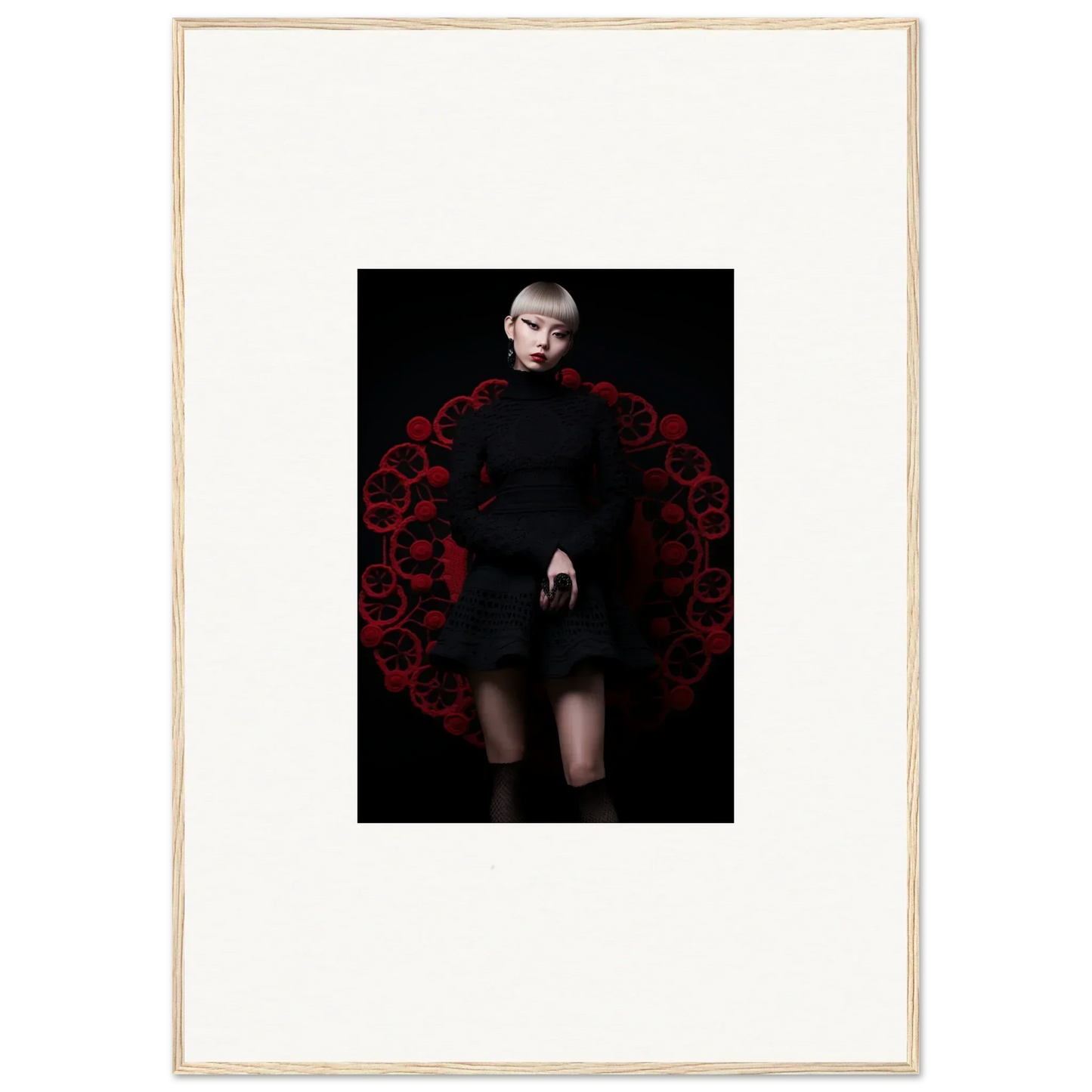 Figure in black dress by deep red roses showcasing Obsidian Lace Waltz special edition art™