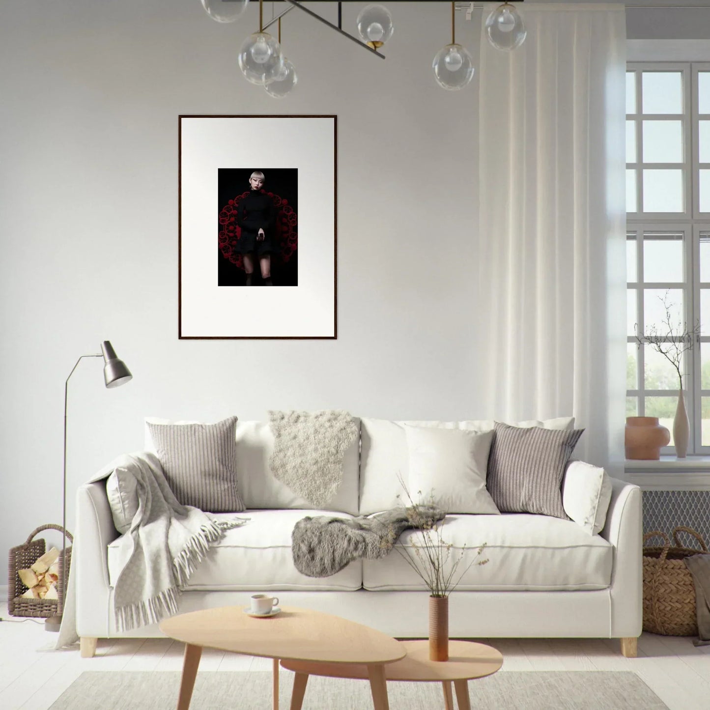 Cozy White Sofa with Gray and Cream Pillows from the Obsidian Lace Waltz collection