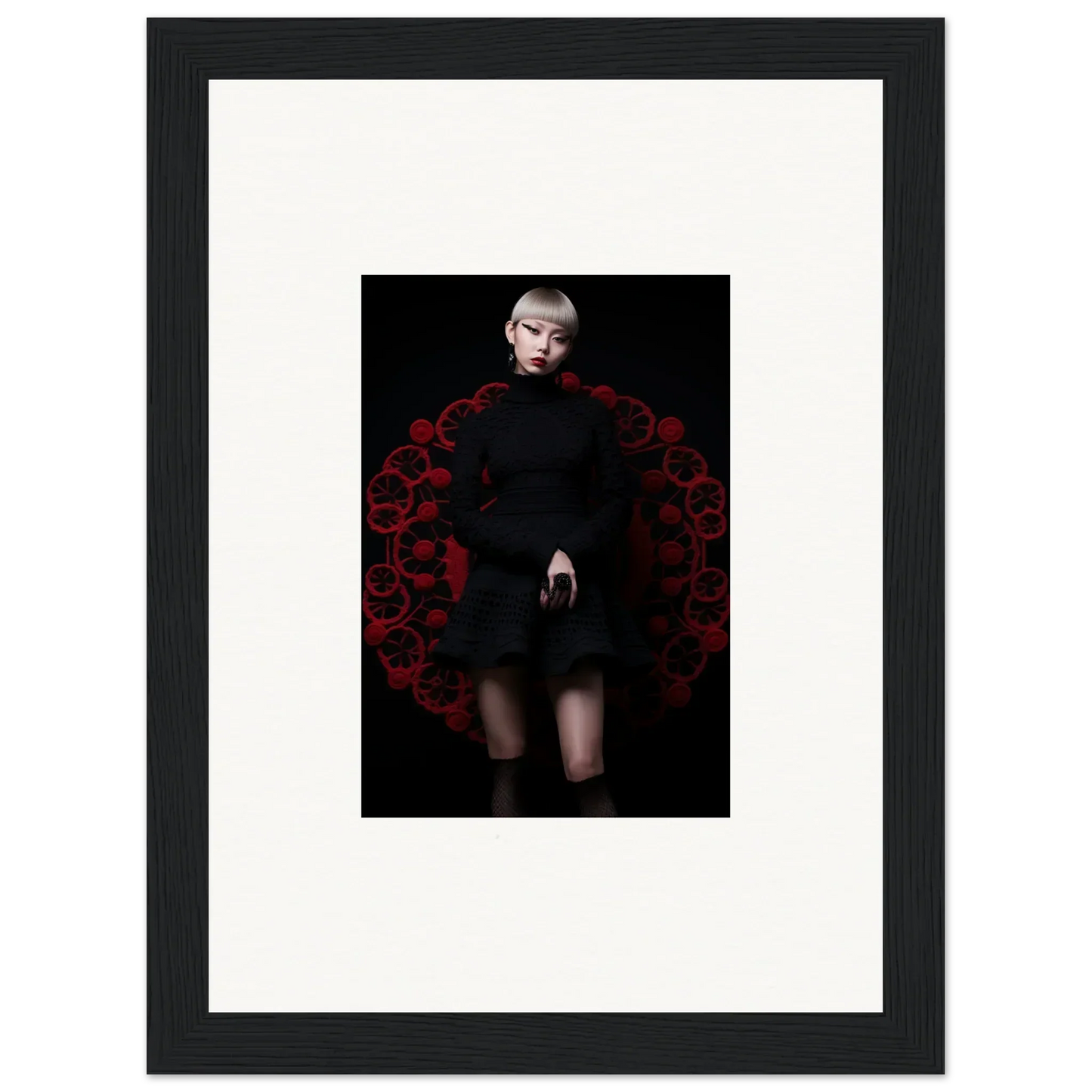 Artistic photograph of Obsidian Lace Waltz with a figure in black and red floral details